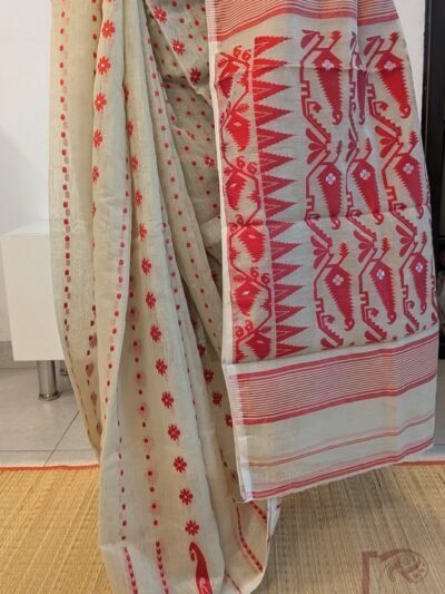 Jamdani Joy - Elegant Cream Jamdani Saree with Red Polka Dots, Mango Motif Border & Gold Leaf Pallu