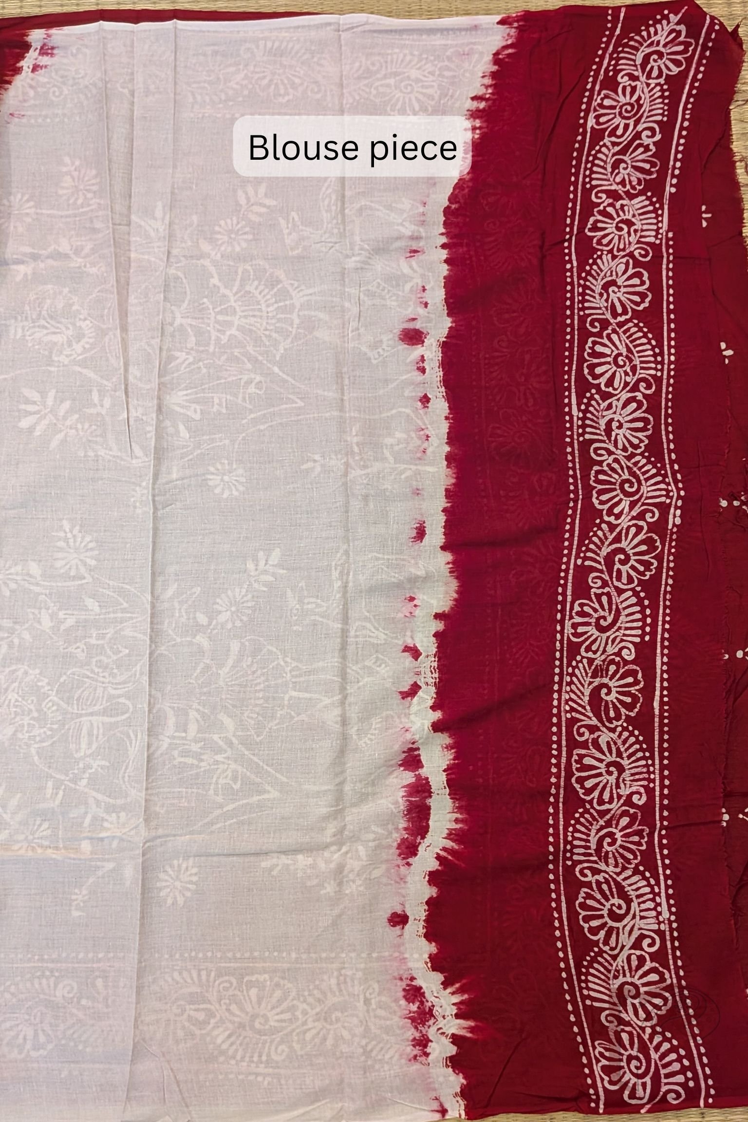 Mulmul Muse – White and Red Hand Batik Mulmul Saree with Human Figure Motif - Image 7
