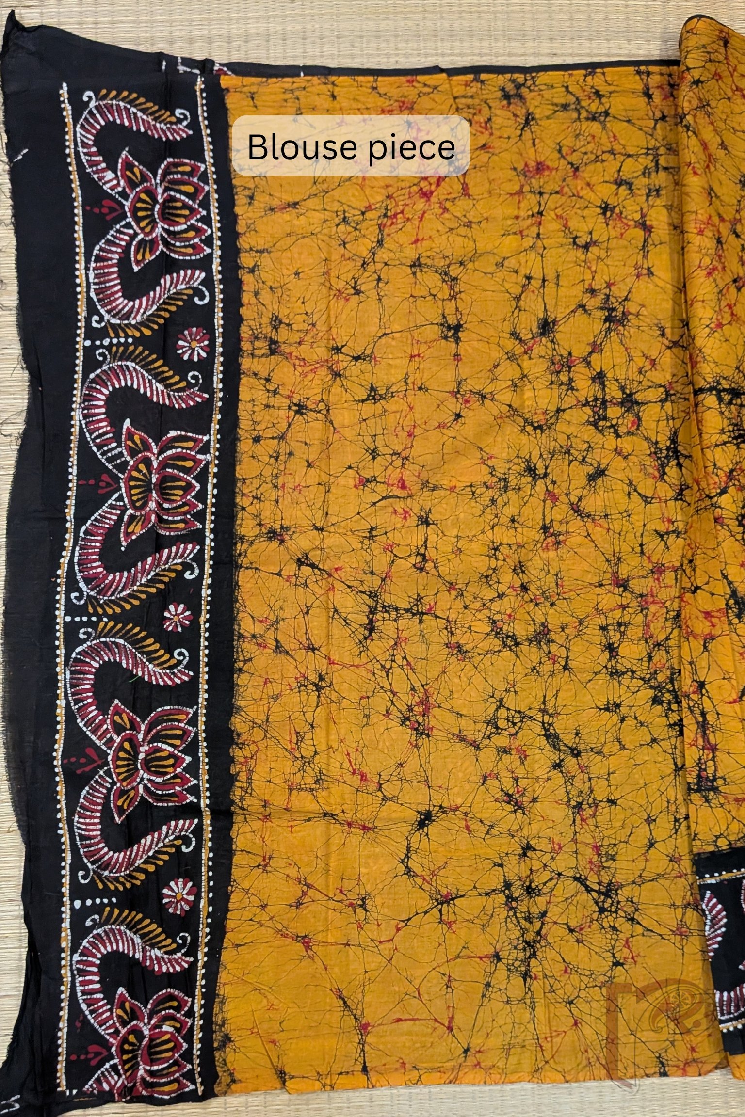 Mulmul Muse – Orange and Black Lotus Print Hand Batik Mulmul Saree - Image 8