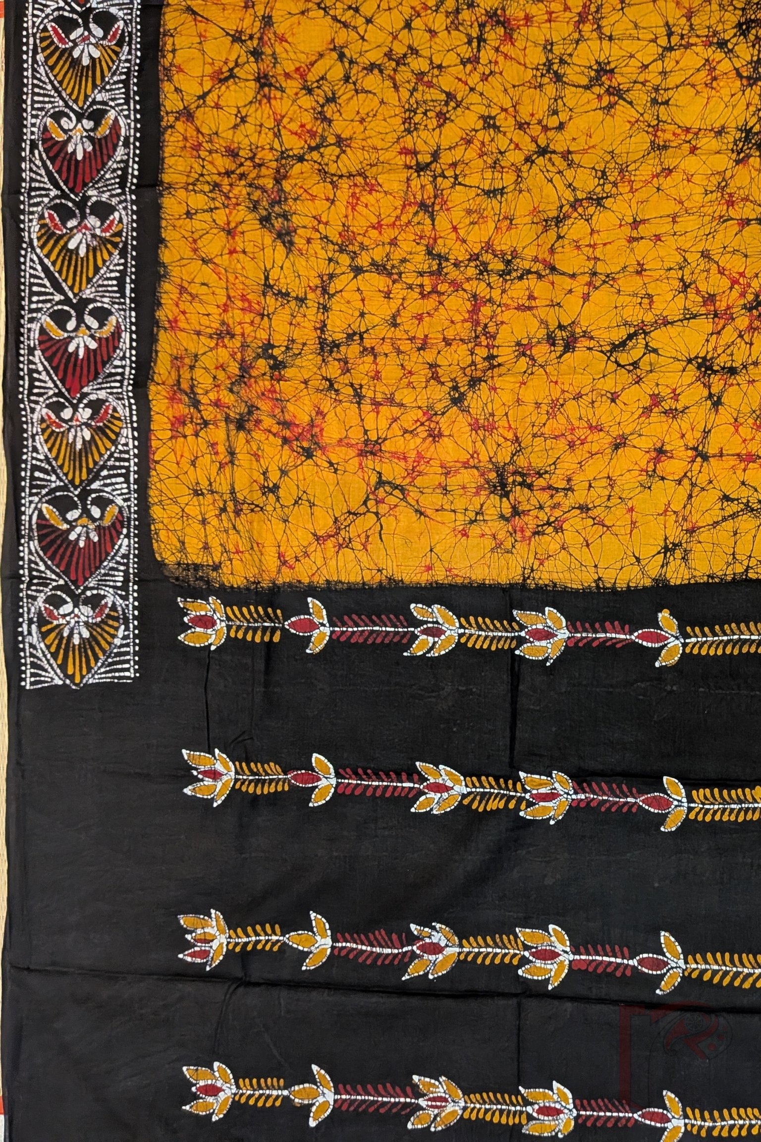 Mulmul Muse – Orange and Black Half & Half Hand Batik Mulmul Saree with Swan and Heart Motifs - Image 4