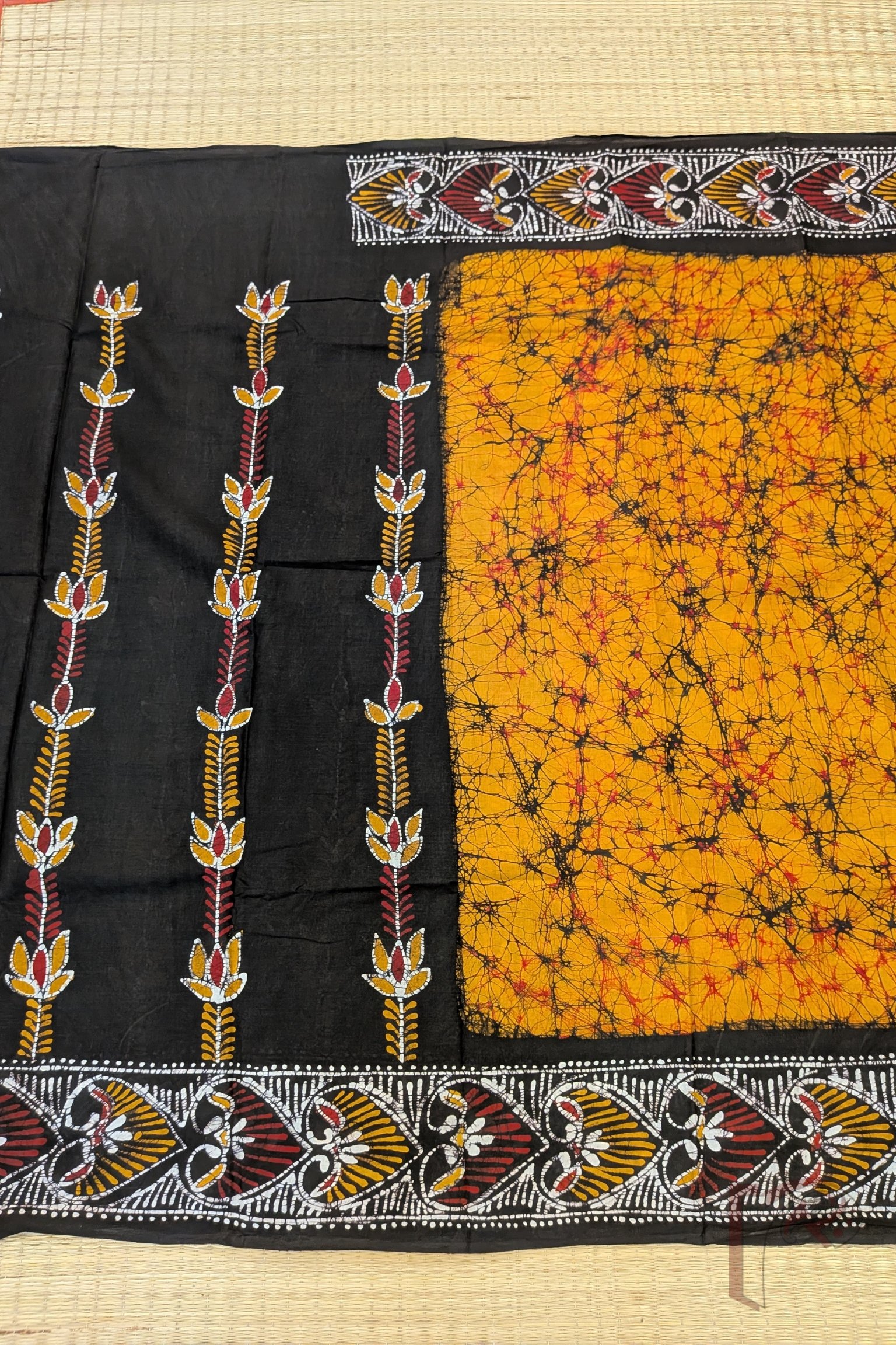 Mulmul Muse – Orange and Black Half & Half Hand Batik Mulmul Saree with Swan and Heart Motifs - Image 5