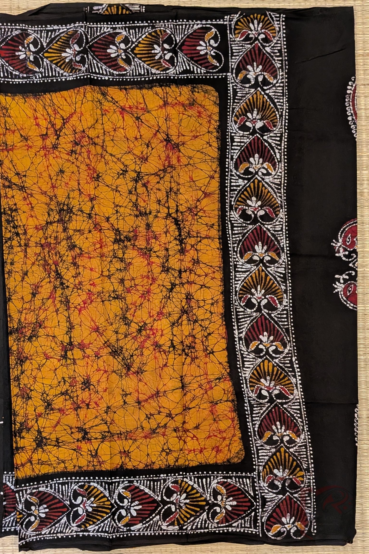 Mulmul Muse – Orange and Black Half & Half Hand Batik Mulmul Saree with Swan and Heart Motifs - Image 6