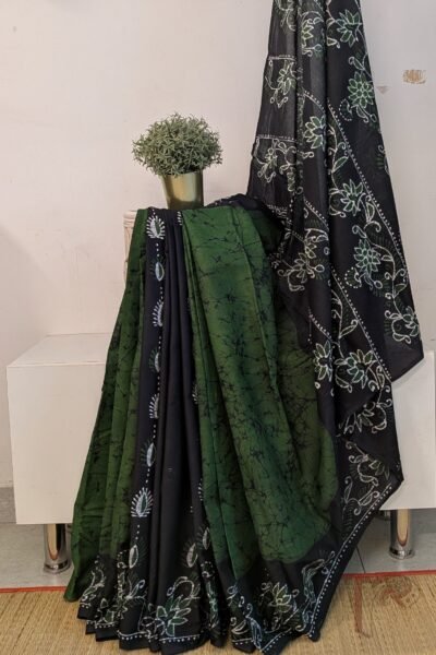 Mulmul Muse – Green and Black Half & Half Hand Batik Mulmul Saree with Floral Motifs
