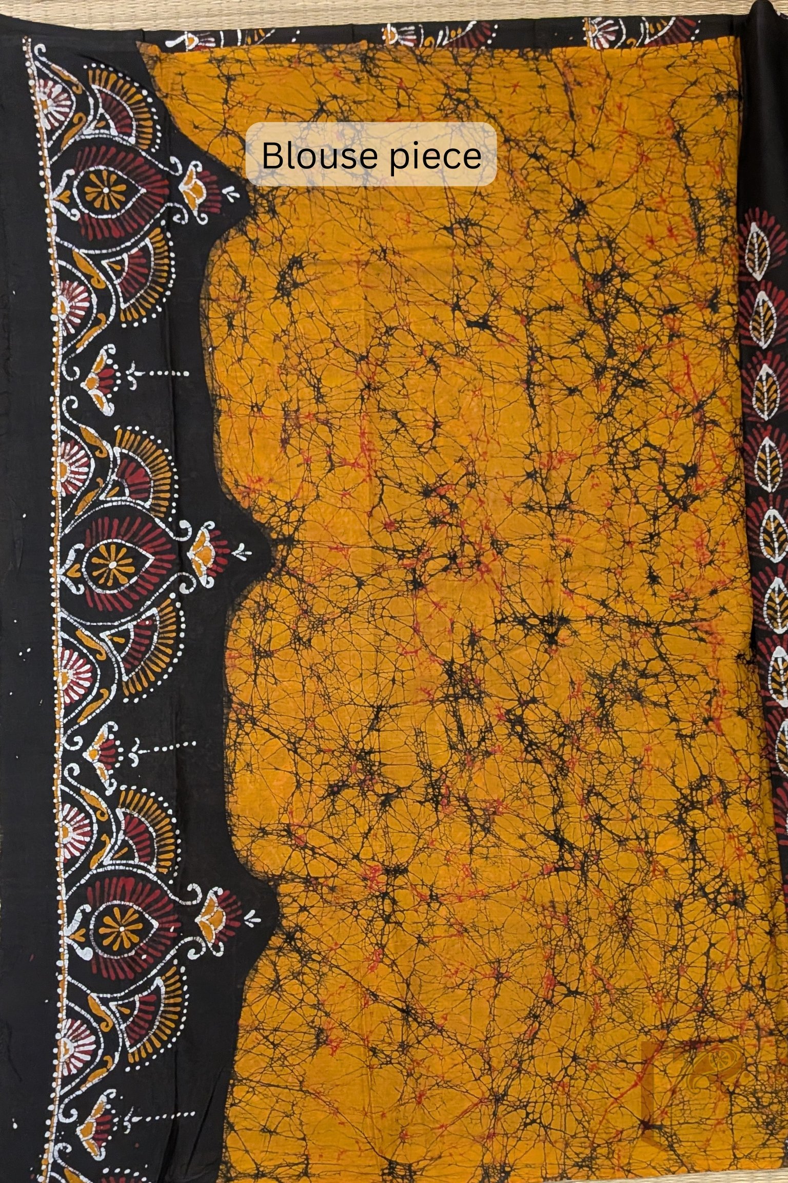 Mulmul Muse – Orange and Black Half & Half Hand Batik Mulmul Saree with Arch and Leaf Motifs - Image 7