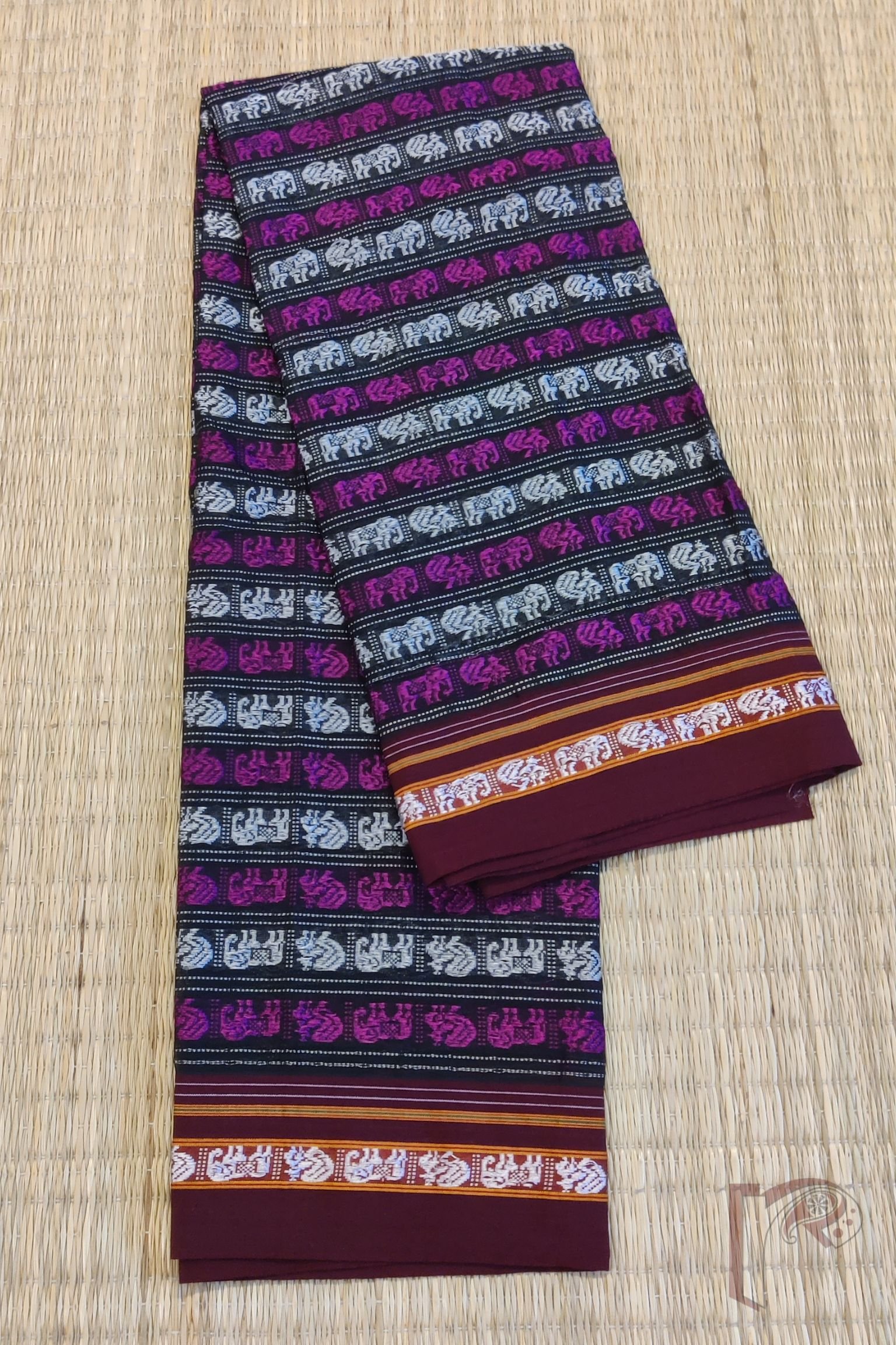 Black Ilkal Blouse Piece with Elephant and Peacock Weave in Purple and White Thread with Dark Maroon Border - Image 2