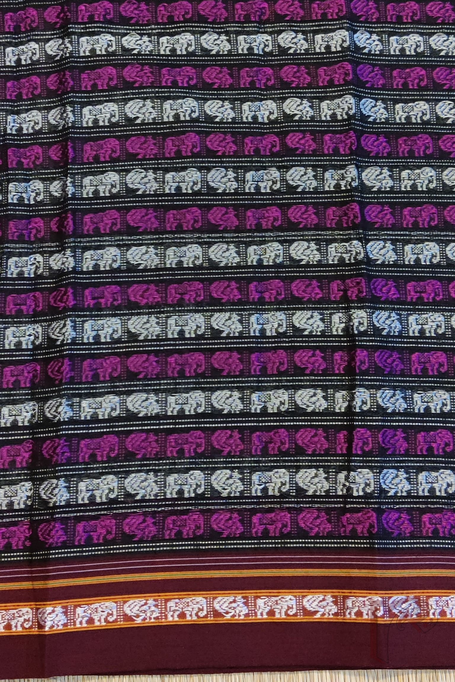 Black Ilkal Blouse Piece with Elephant and Peacock Weave in Purple and White Thread with Dark Maroon Border - Image 3