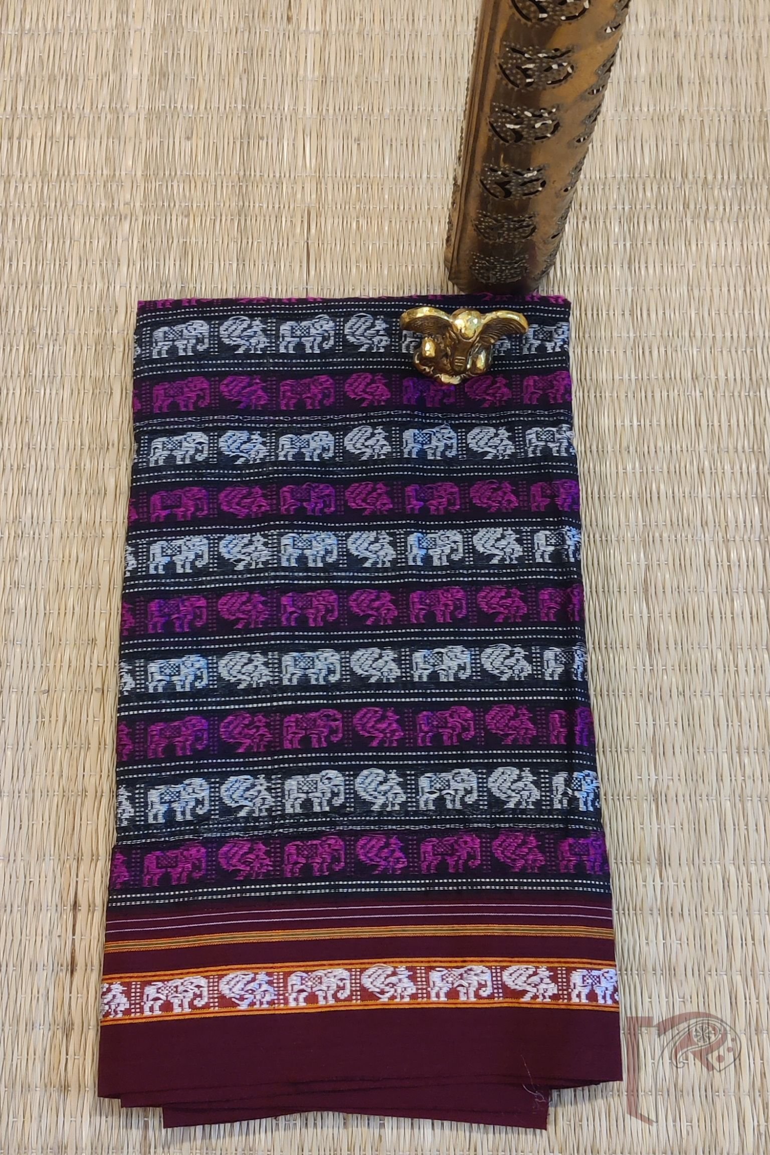 Black Ilkal Blouse Piece with Elephant and Peacock Weave in Purple and White Thread with Dark Maroon Border