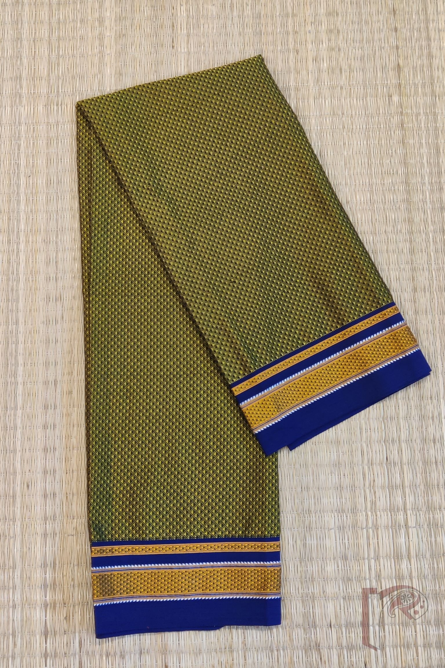 Mehandi Green and Blue Khun Weave Ilkal Blouse Piece with Golden-White Thread Border - Image 2