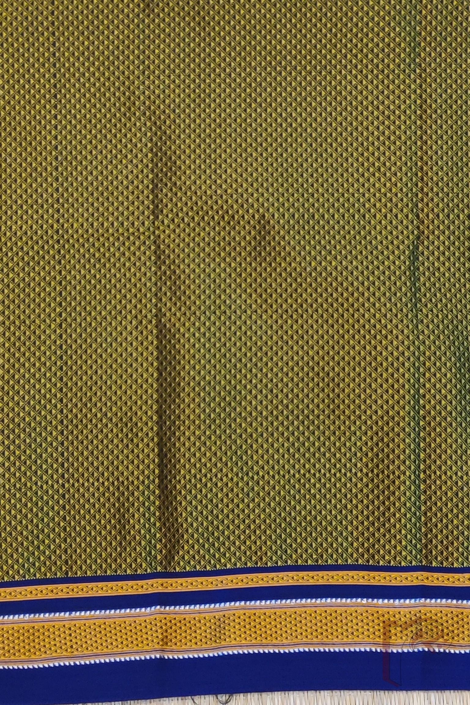 Mehandi Green and Blue Khun Weave Ilkal Blouse Piece with Golden-White Thread Border - Image 3