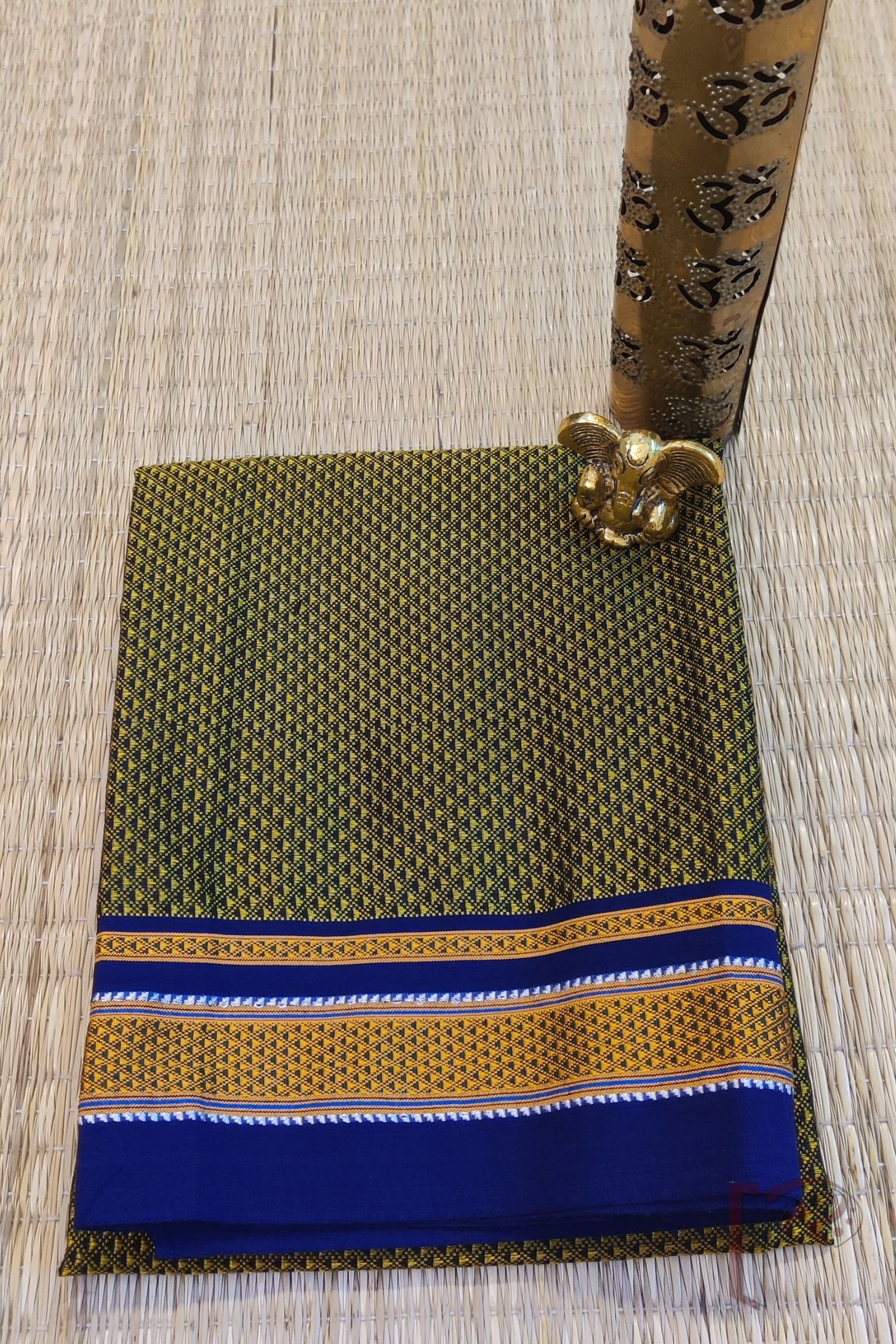 Mehandi Green and Blue Khun Weave Ilkal Blouse Piece with Golden-White Thread Border
