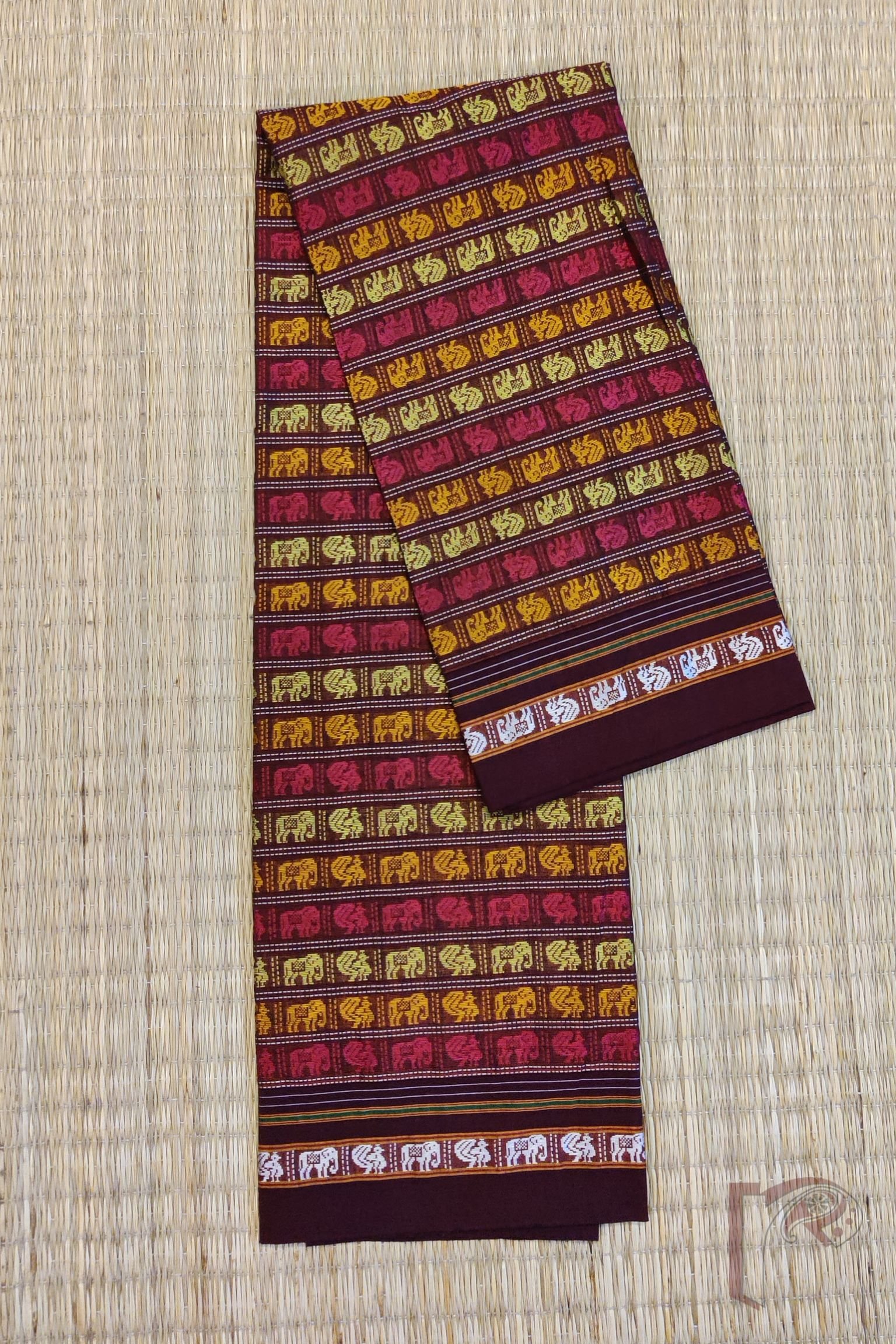 Maroon Ilkal Blouse Piece with Elephant and Peacock Weave in Light Green, Orange, and Pink Thread with Dark Maroon Border - Image 2