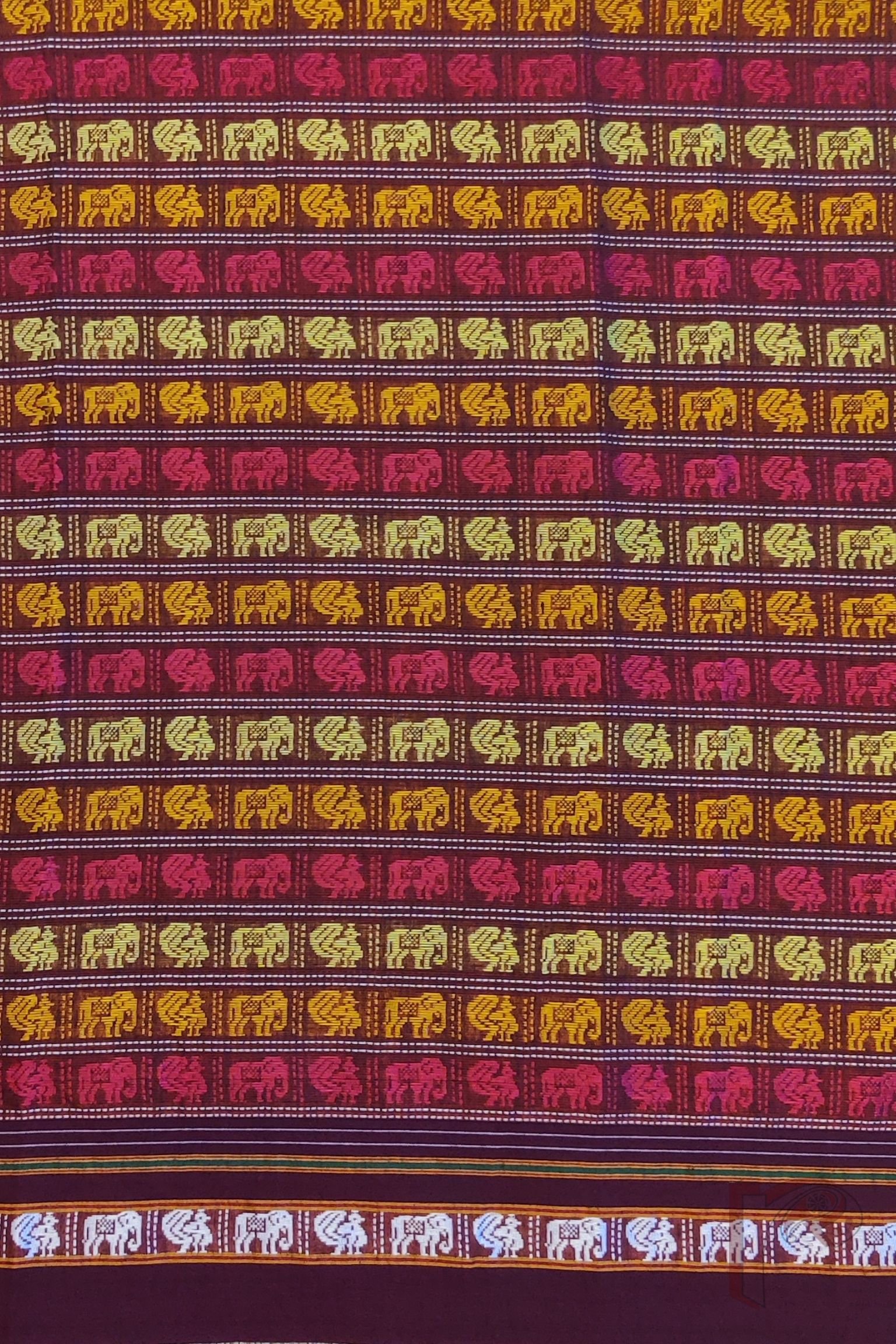 Maroon Ilkal Blouse Piece with Elephant and Peacock Weave in Light Green, Orange, and Pink Thread with Dark Maroon Border - Image 3