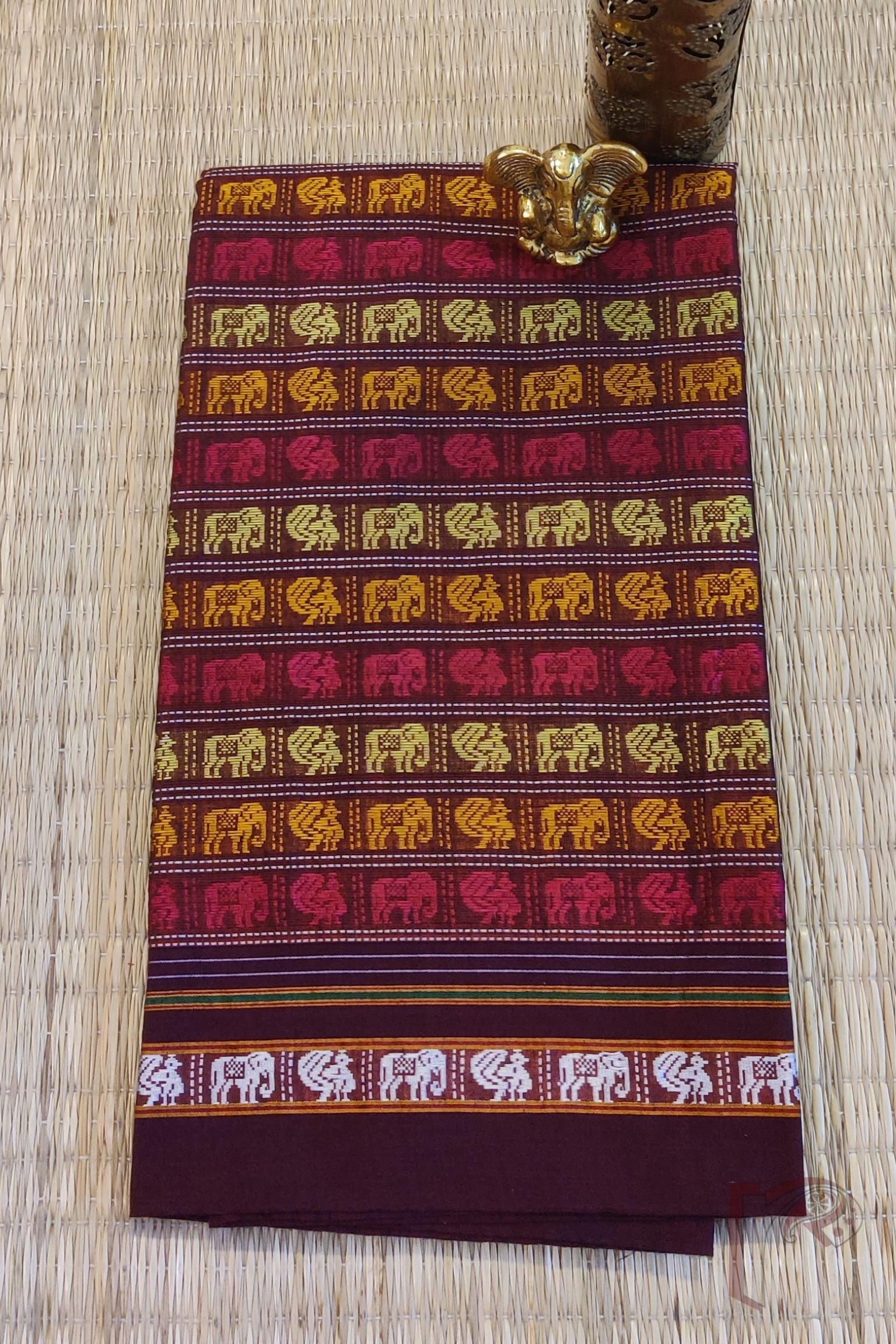 Maroon Ilkal Blouse Piece with Elephant and Peacock Weave in Light Green, Orange, and Pink Thread with Dark Maroon Border