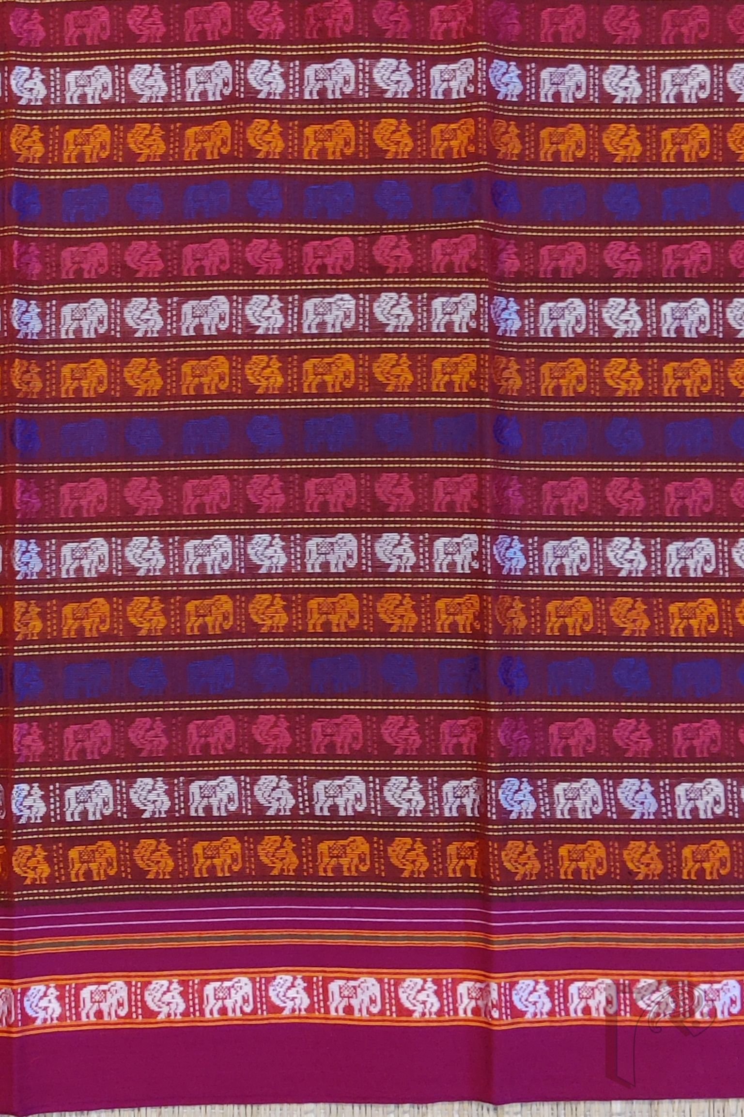 Pink Ilkal Blouse Piece with Elephant and Peacock Weave in Pink, Orange, White, and Blue Thread with Dark Pink Border - Image 3