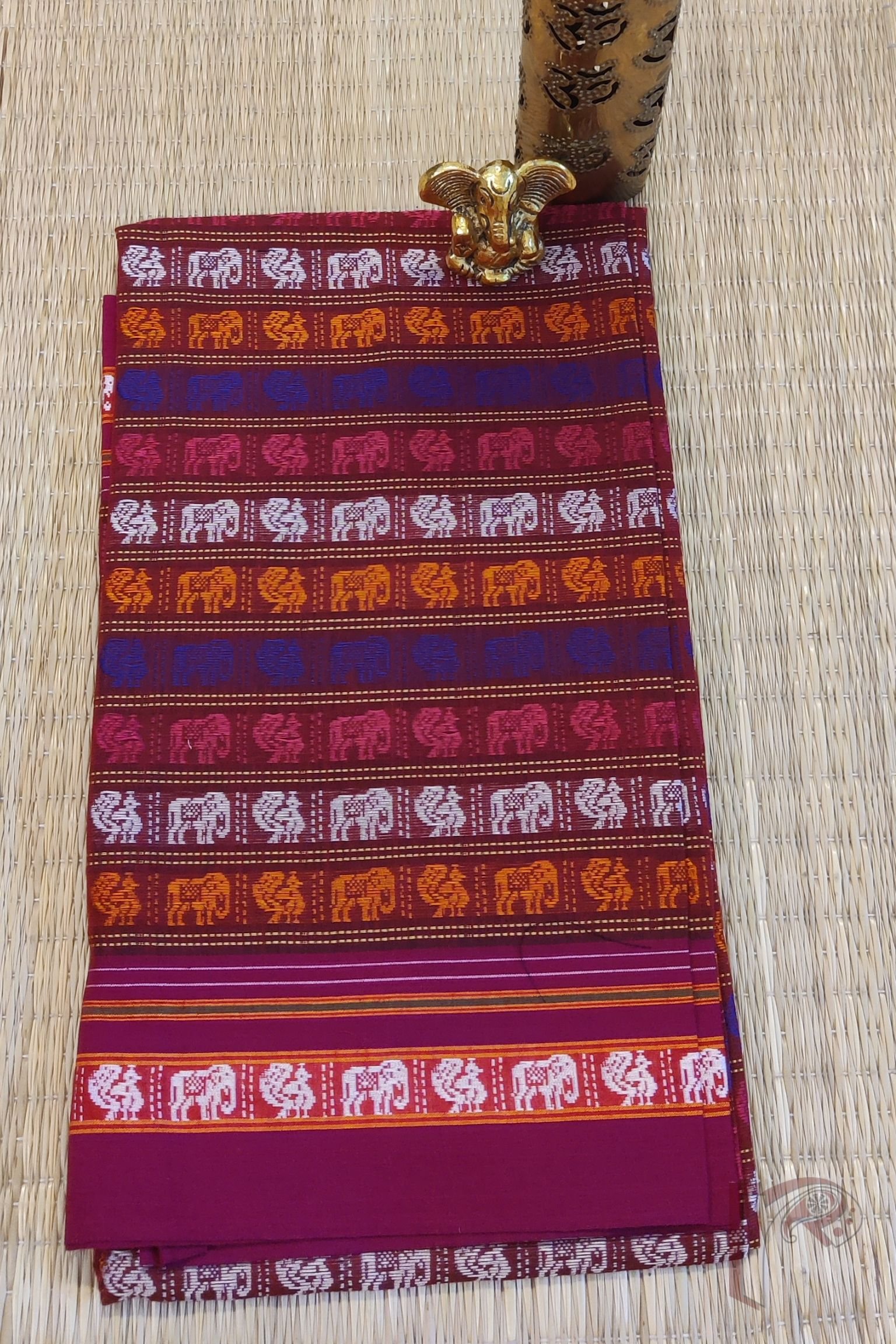 Pink Ilkal Blouse Piece with Elephant and Peacock Weave in Pink, Orange, White, and Blue Thread with Dark Pink Border