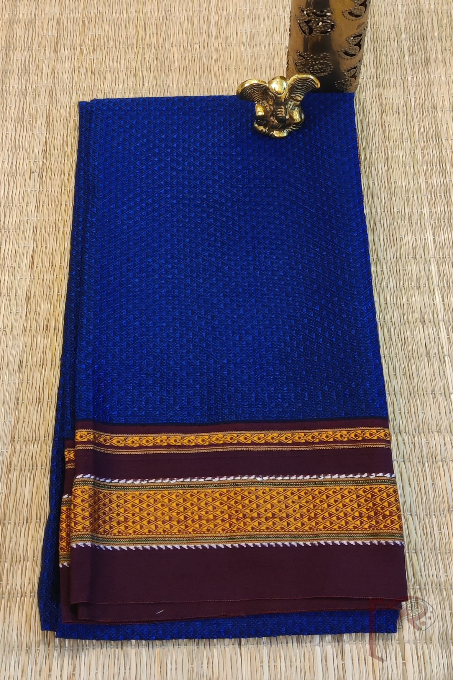 Ink Blue and Dark Wine Khun Weave Ilkal Blouse Piece with Golden-White Thread Border