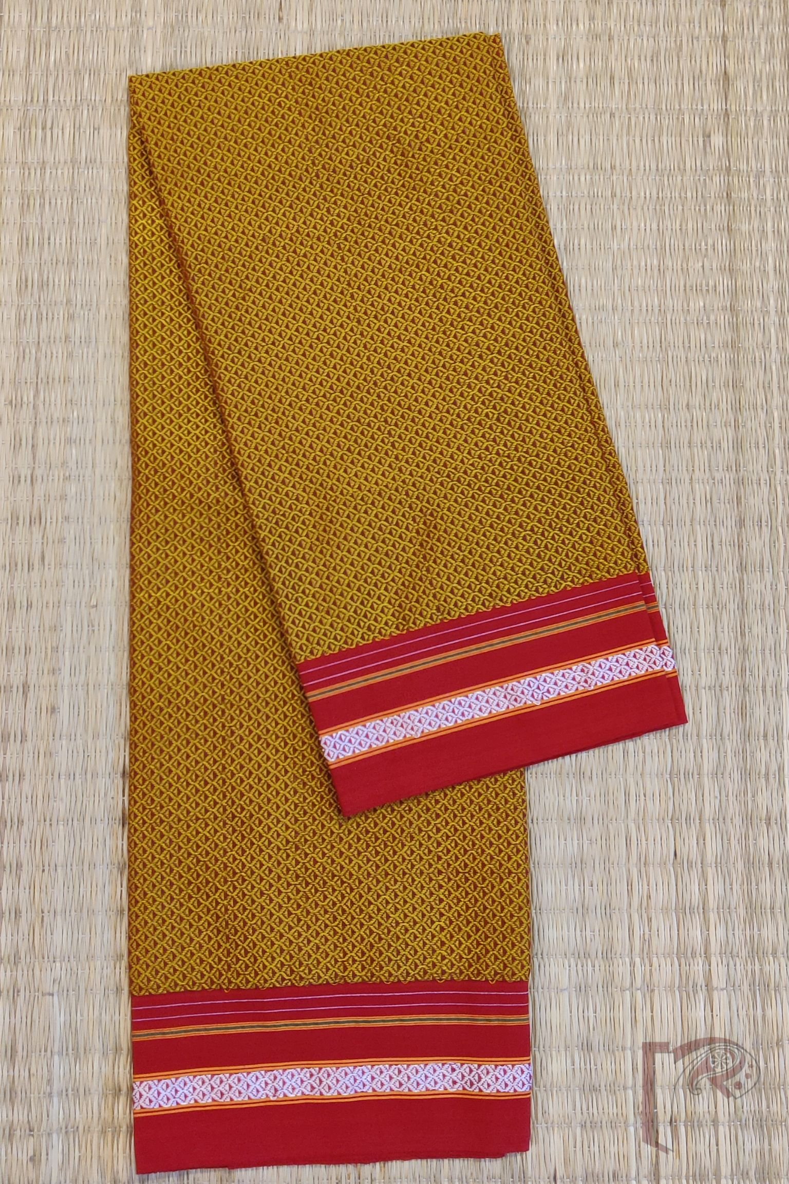 Gold Khun Weave Ilkal Blouse Piece with Red Border and White Thread Detailing - Image 2