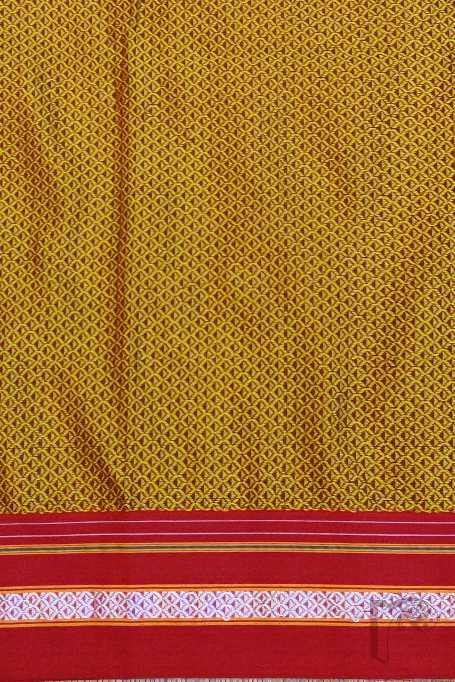 Gold Khun Weave Ilkal Blouse Piece with Red Border and White Thread Detailing - Image 3