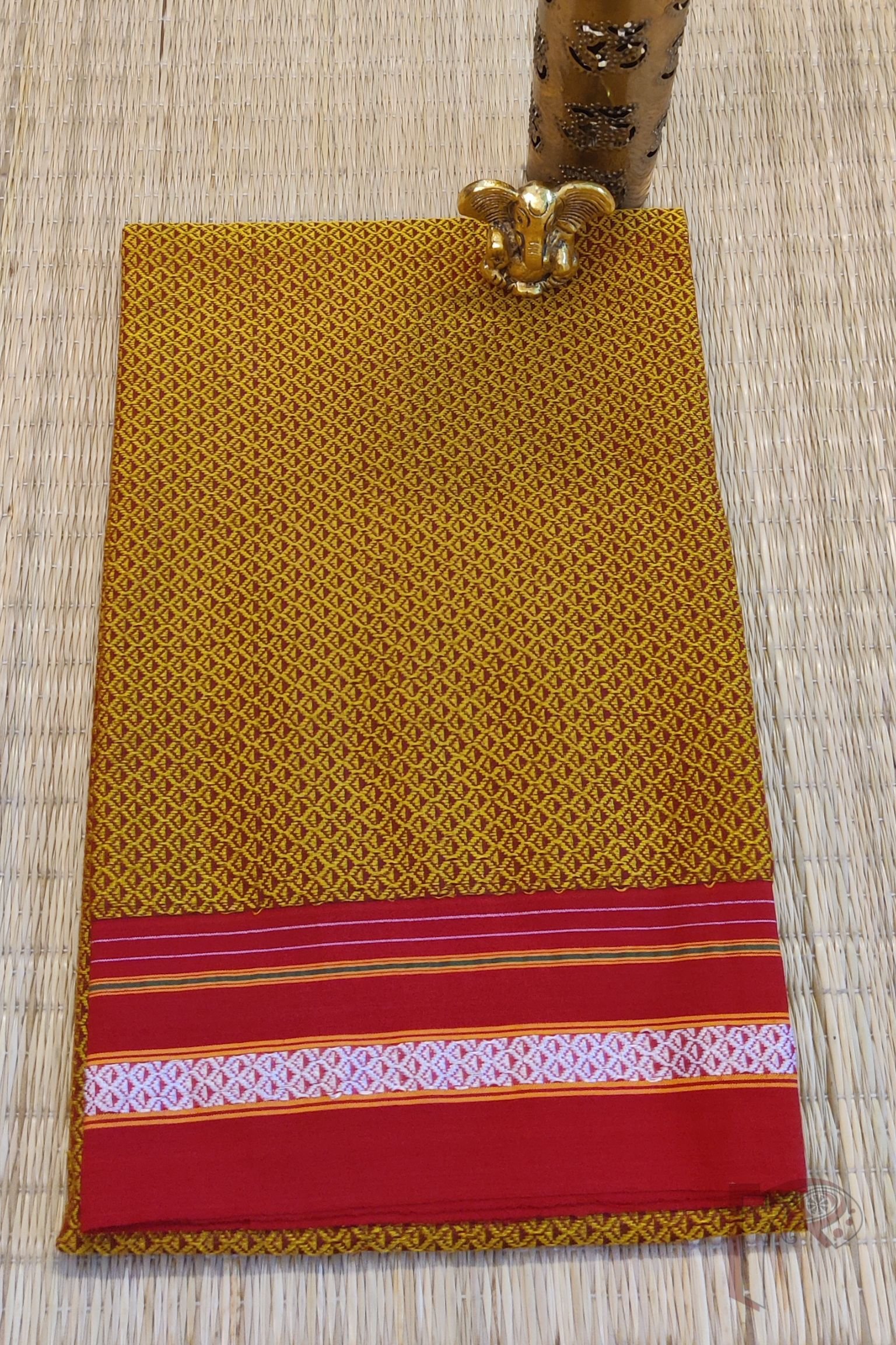 Gold Khun Weave Ilkal Blouse Piece with Red Border and White Thread Detailing