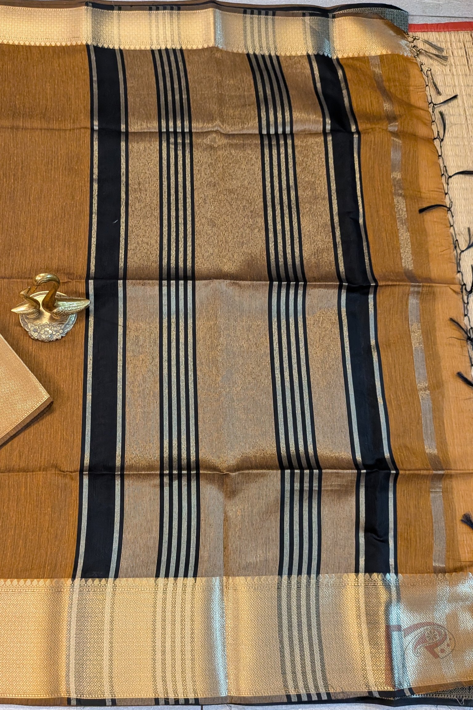 Banarasi Bloom: Mustard Brown Cotton Silk Saree with Dull Gold Border, Gold-Black Stripes and Contrast Black Blouse - Image 2