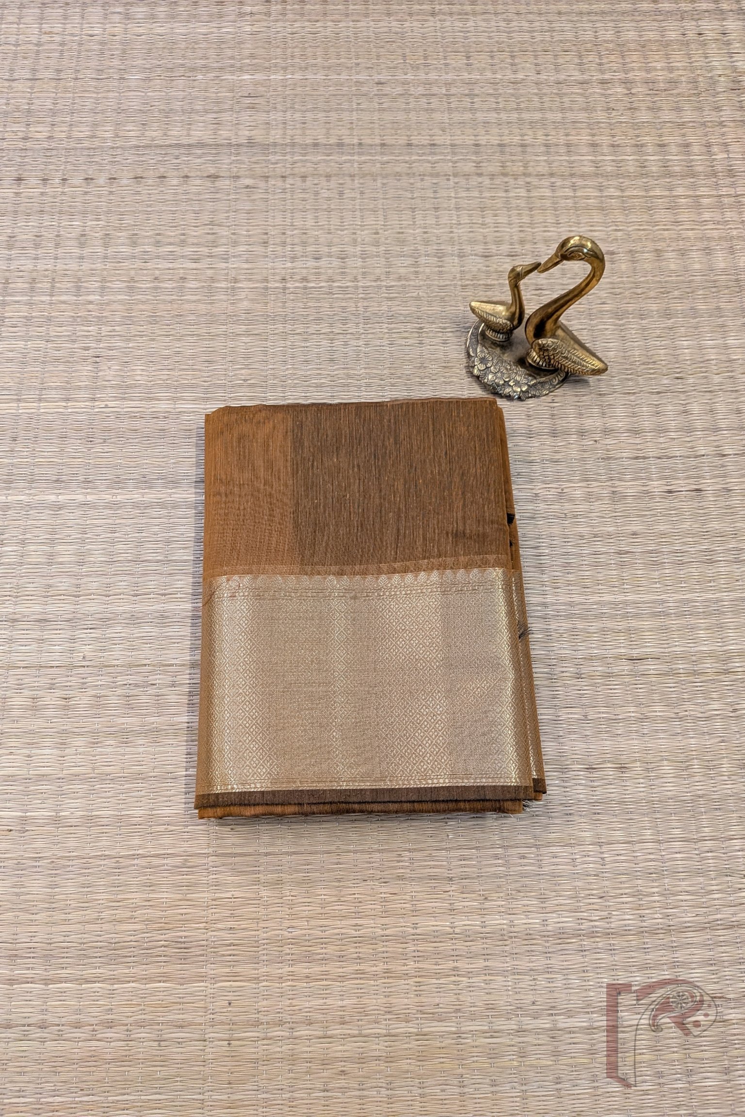 Banarasi Bloom: Mustard Brown Cotton Silk Saree with Dull Gold Border, Gold-Black Stripes and Contrast Black Blouse - Image 3