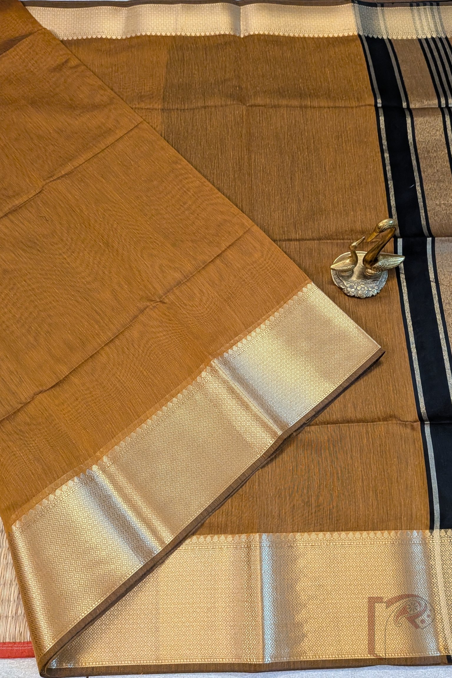 Banarasi Bloom: Mustard Brown Cotton Silk Saree with Dull Gold Border, Gold-Black Stripes and Contrast Black Blouse - Image 4