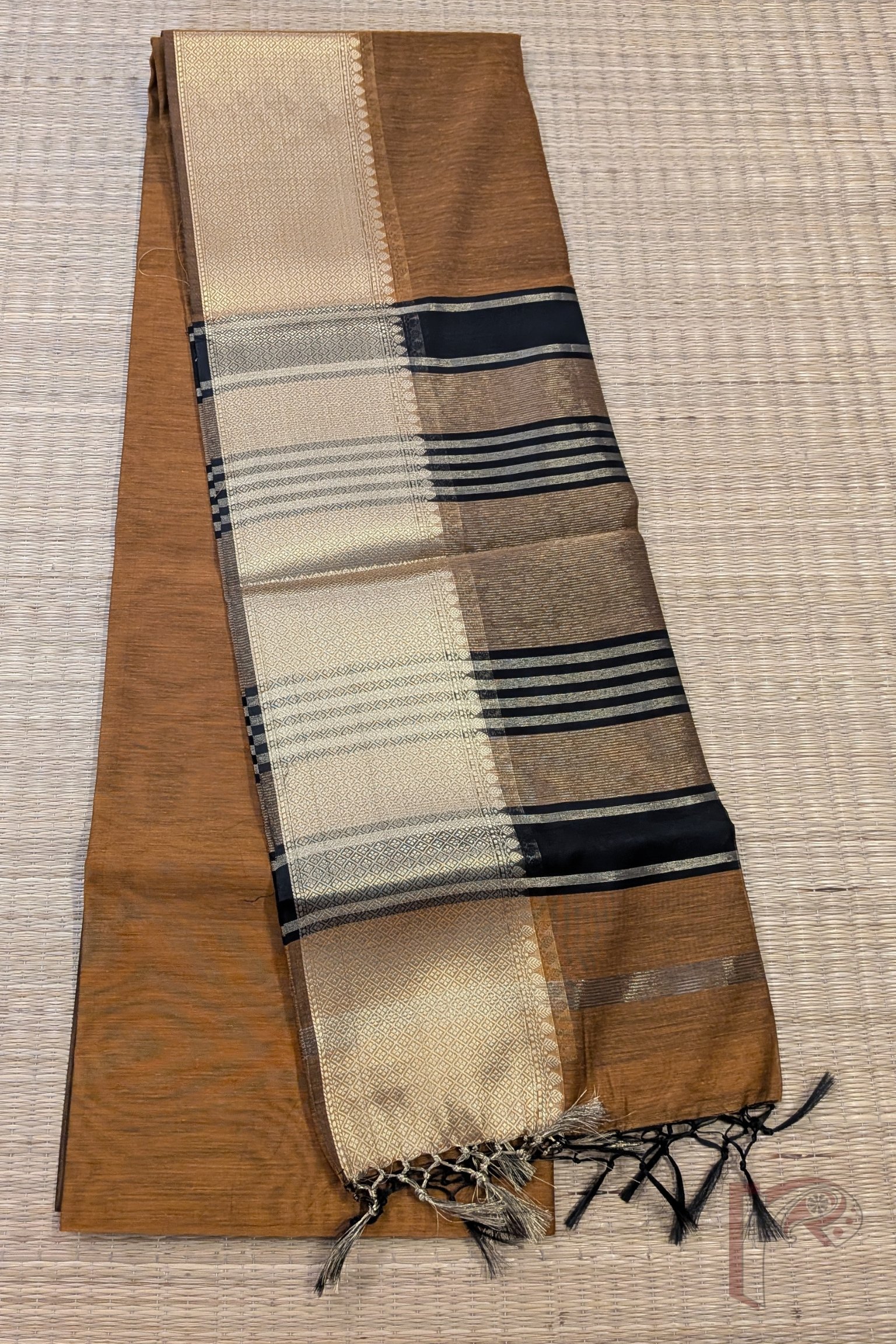 Banarasi Bloom: Mustard Brown Cotton Silk Saree with Dull Gold Border, Gold-Black Stripes and Contrast Black Blouse - Image 5