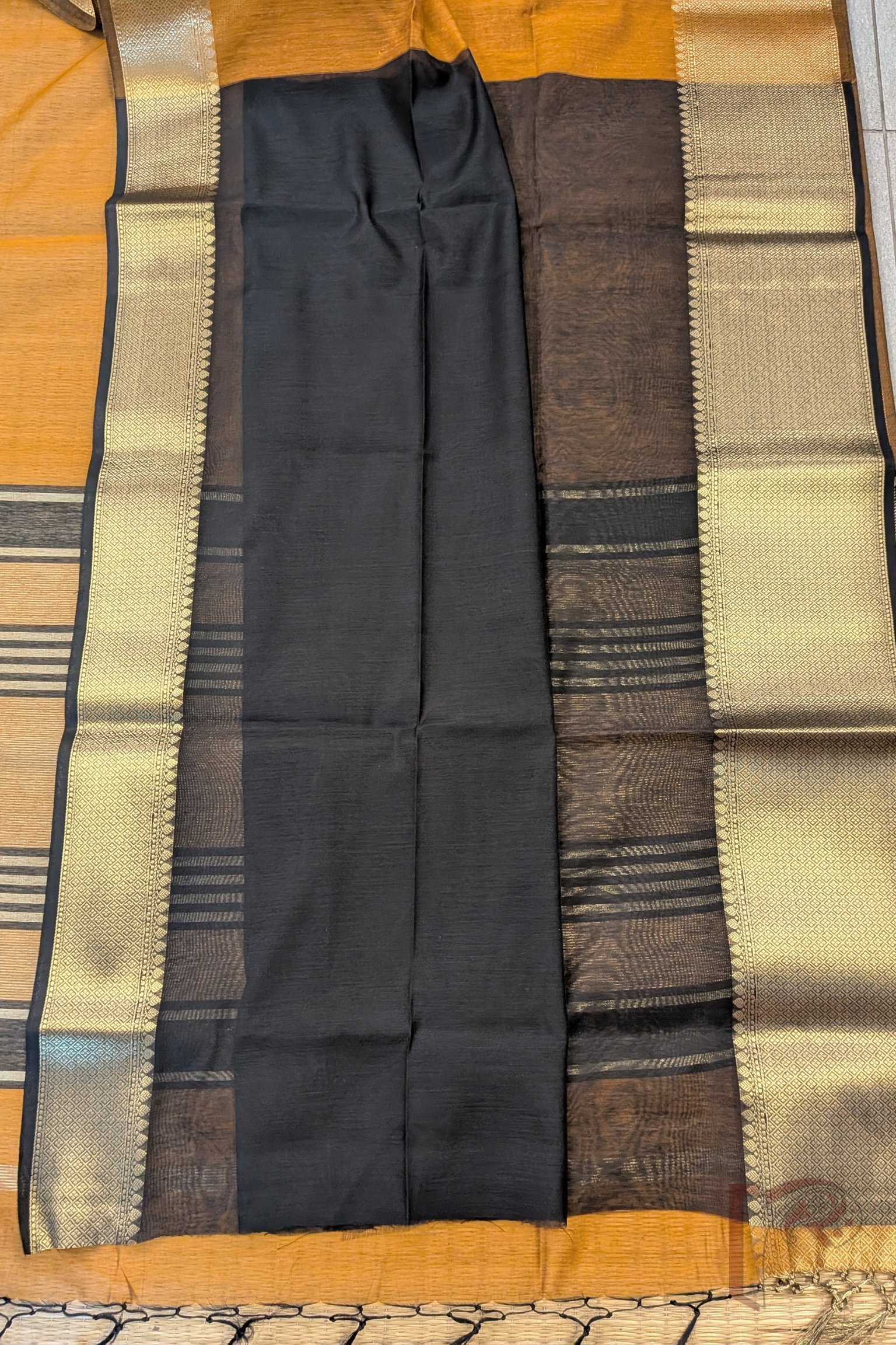 Banarasi Bloom: Mustard Brown Cotton Silk Saree with Dull Gold Border, Gold-Black Stripes and Contrast Black Blouse - Image 6