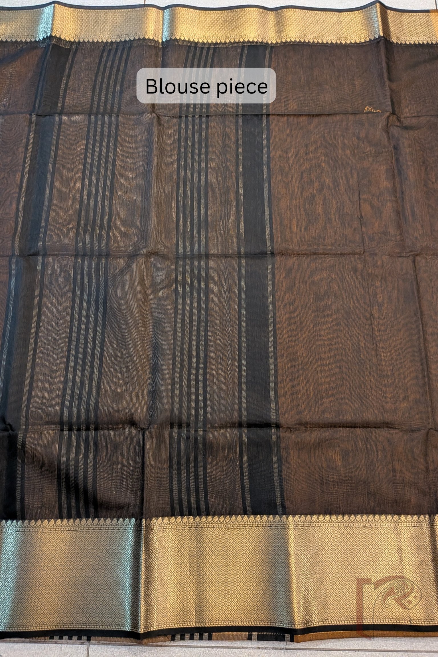 Banarasi Bloom: Mustard Brown Cotton Silk Saree with Dull Gold Border, Gold-Black Stripes and Contrast Black Blouse - Image 7