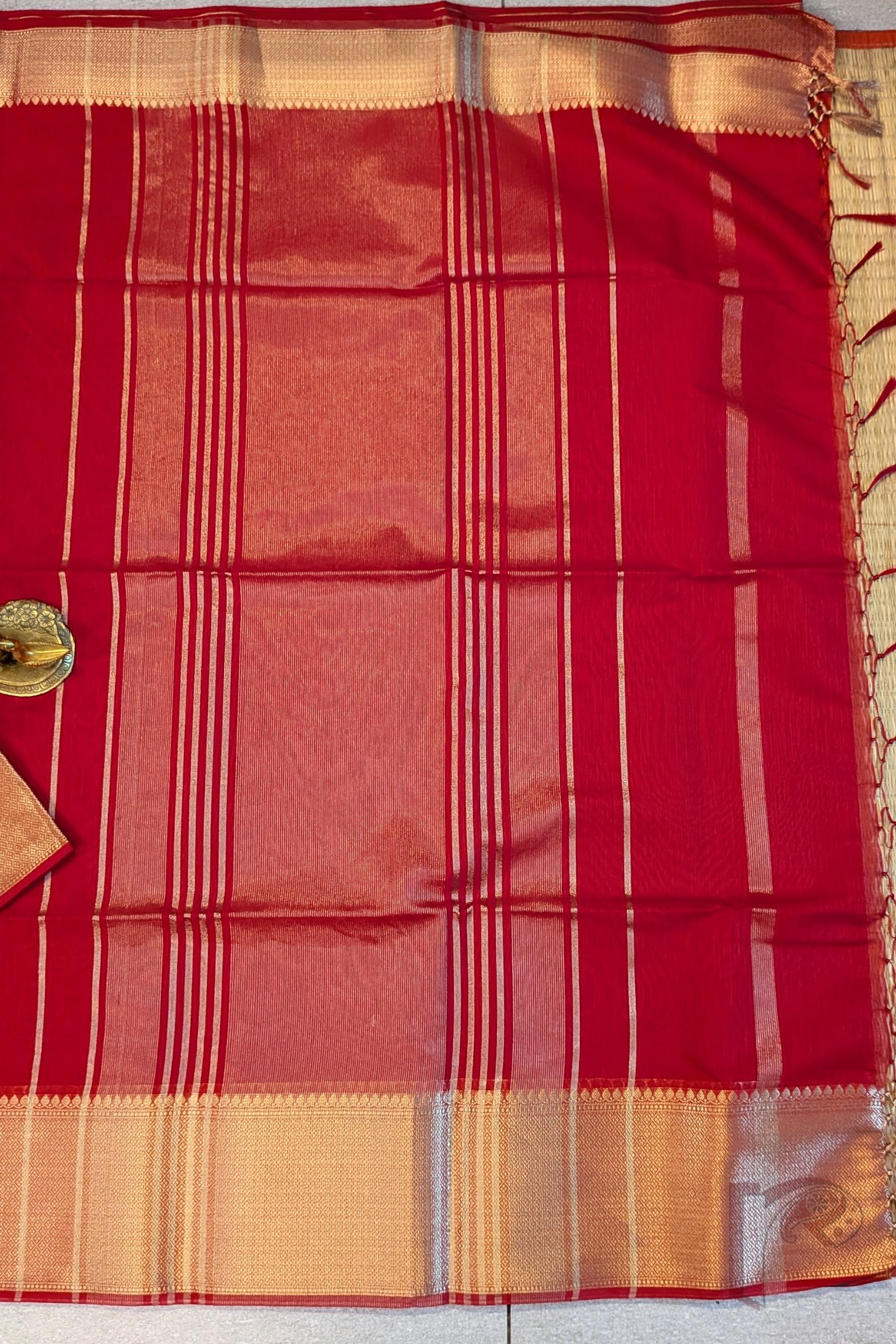 Banarasi Bloom: Red Cotton Silk Saree with Dull Gold Woven Border, Gold-Red Stripes and Matching Red Blouse - Image 2