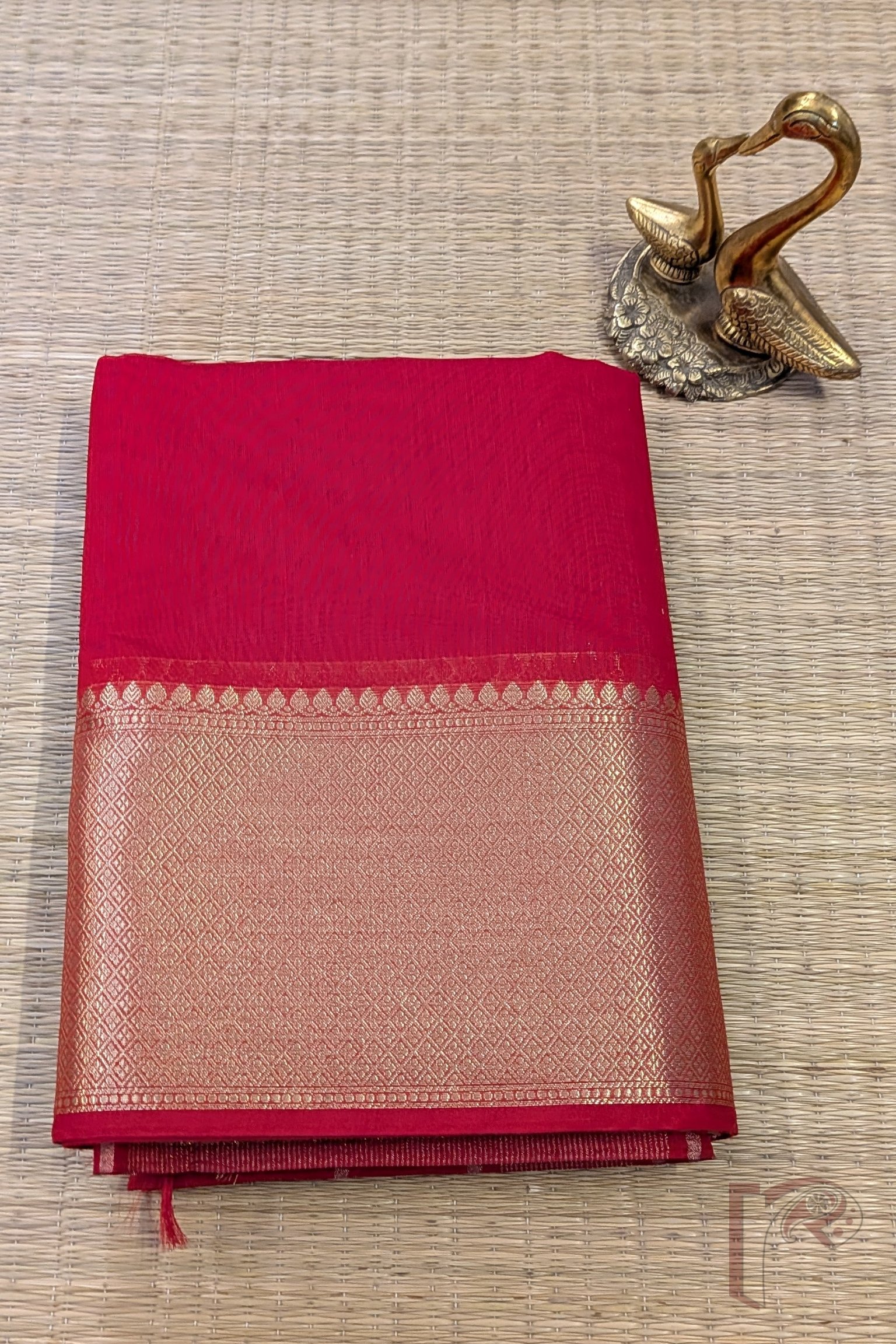 Banarasi Bloom: Red Cotton Silk Saree with Dull Gold Woven Border, Gold-Red Stripes and Matching Red Blouse - Image 3