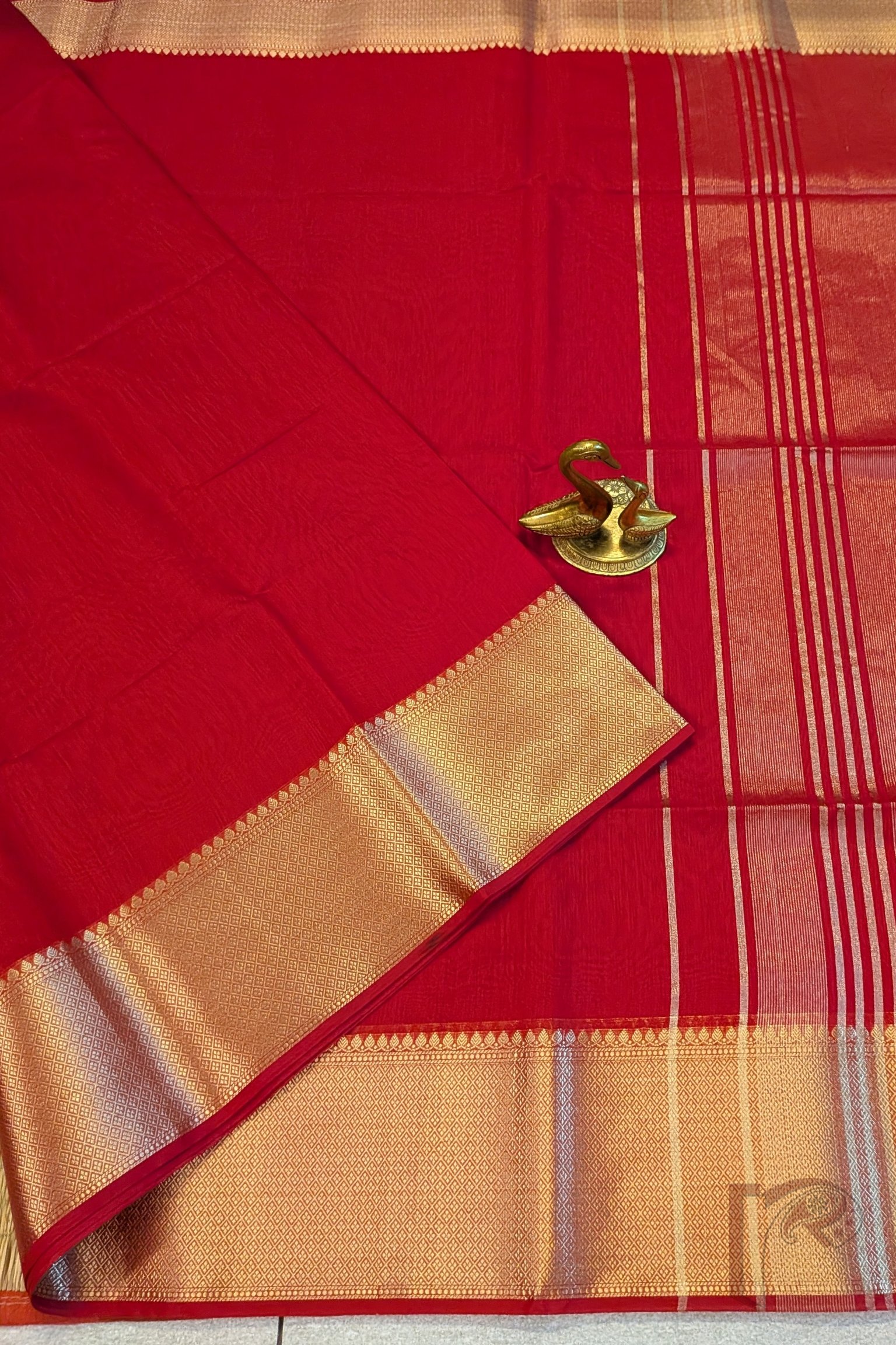 Banarasi Bloom: Red Cotton Silk Saree with Dull Gold Woven Border, Gold-Red Stripes and Matching Red Blouse - Image 4