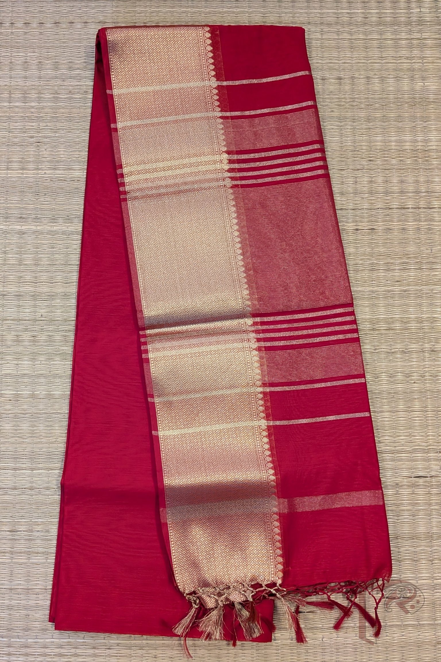 Banarasi Bloom: Red Cotton Silk Saree with Dull Gold Woven Border, Gold-Red Stripes and Matching Red Blouse - Image 5