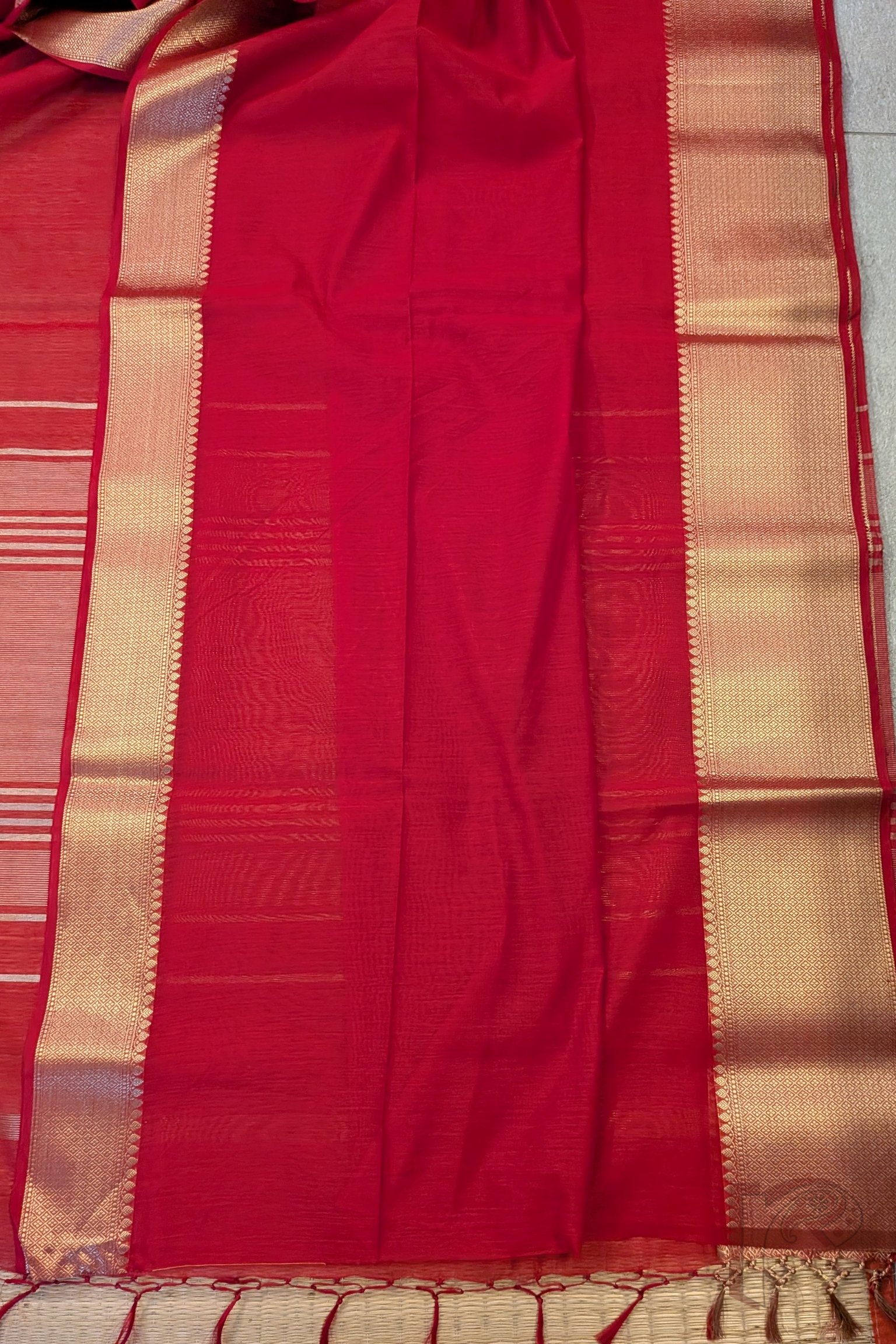 Banarasi Bloom: Red Cotton Silk Saree with Dull Gold Woven Border, Gold-Red Stripes and Matching Red Blouse - Image 6