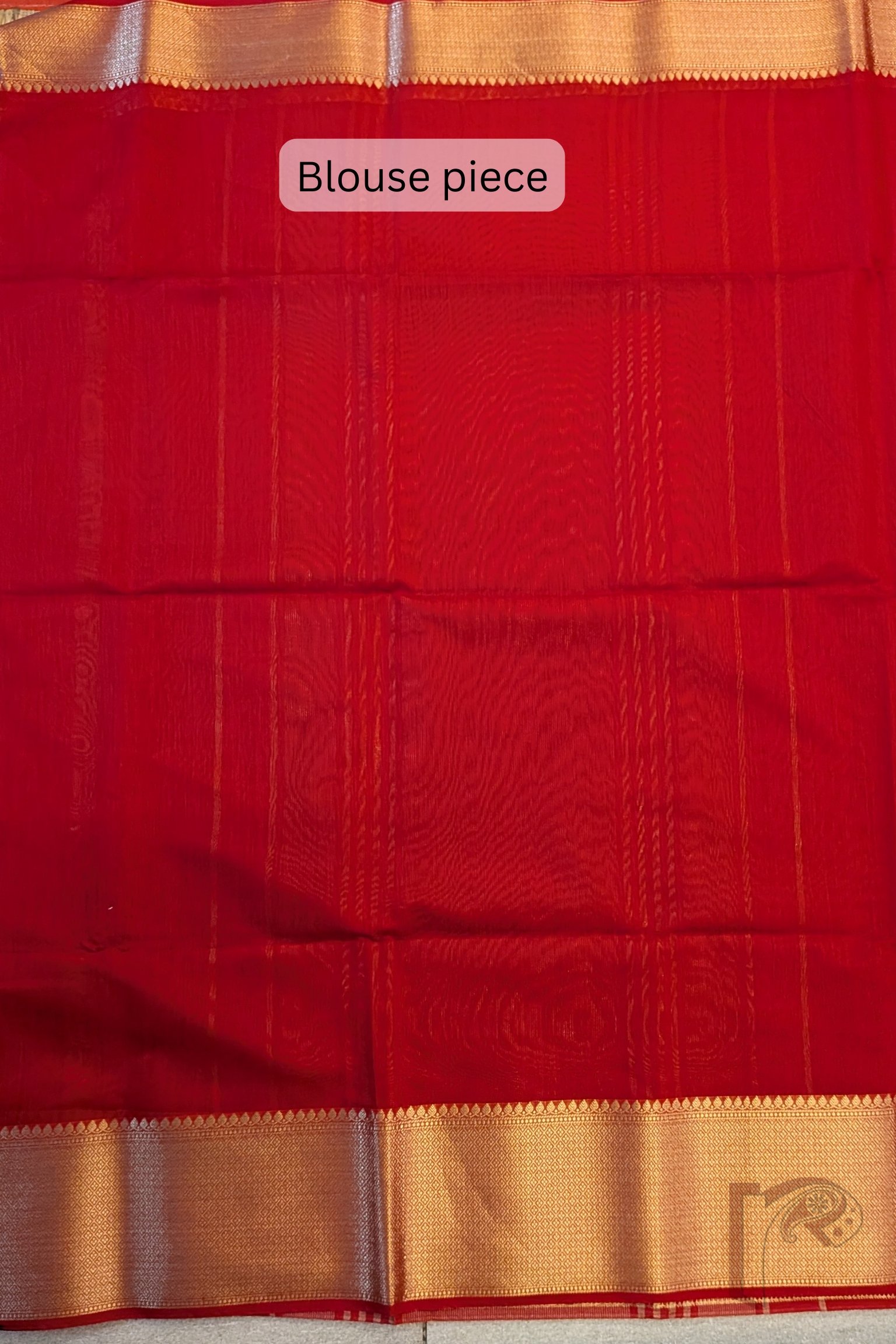 Banarasi Bloom: Red Cotton Silk Saree with Dull Gold Woven Border, Gold-Red Stripes and Matching Red Blouse - Image 7