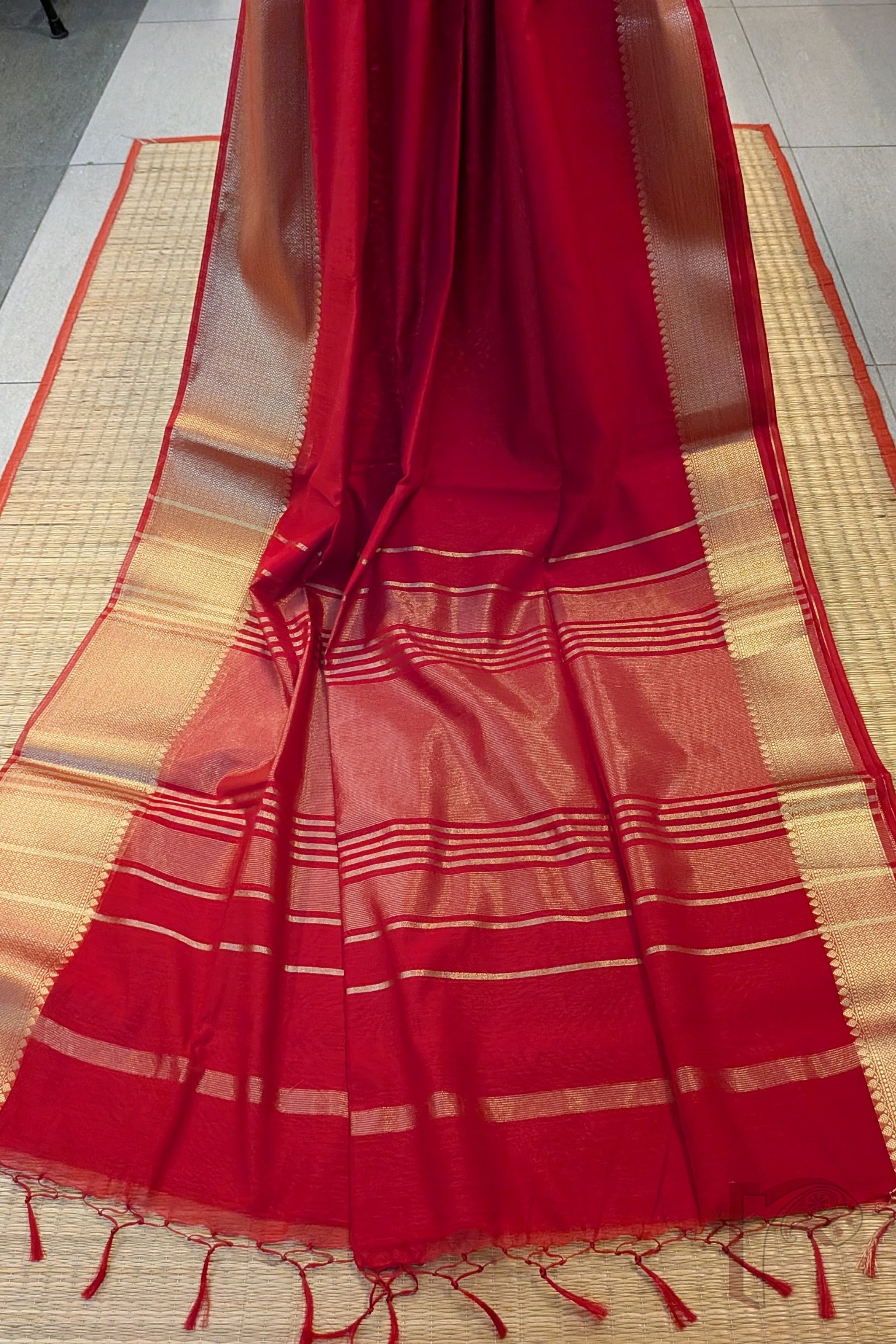 Banarasi Bloom: Red Cotton Silk Saree with Dull Gold Woven Border, Gold-Red Stripes and Matching Red Blouse