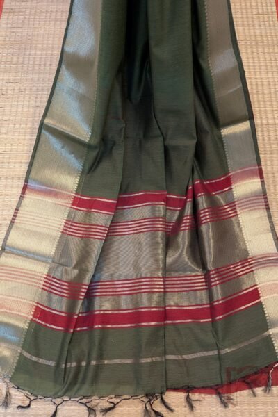 Banarasi Bloom: Olive Green Cotton Silk Saree with Dull Gold Woven Border, Gold-Maroon Stripes and Contrast Maroon Blouse