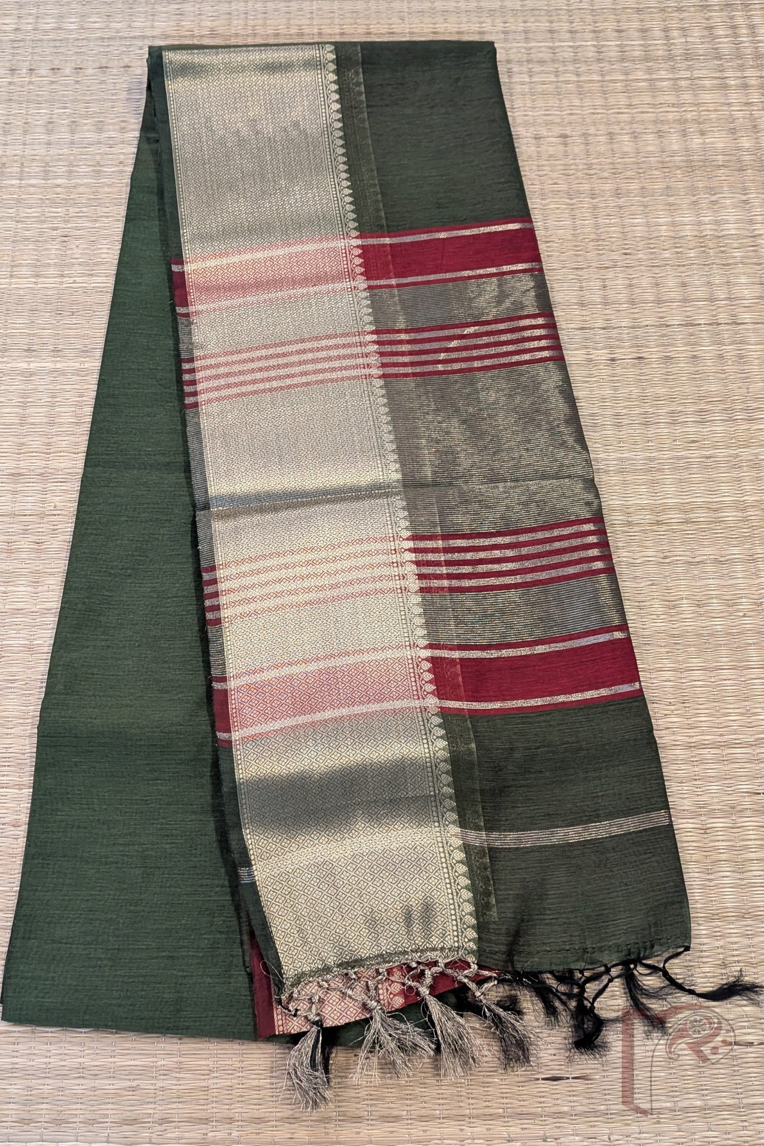 Banarasi Bloom: Olive Green Cotton Silk Saree with Dull Gold Woven Border, Gold-Maroon Stripes and Contrast Maroon Blouse - Image 5