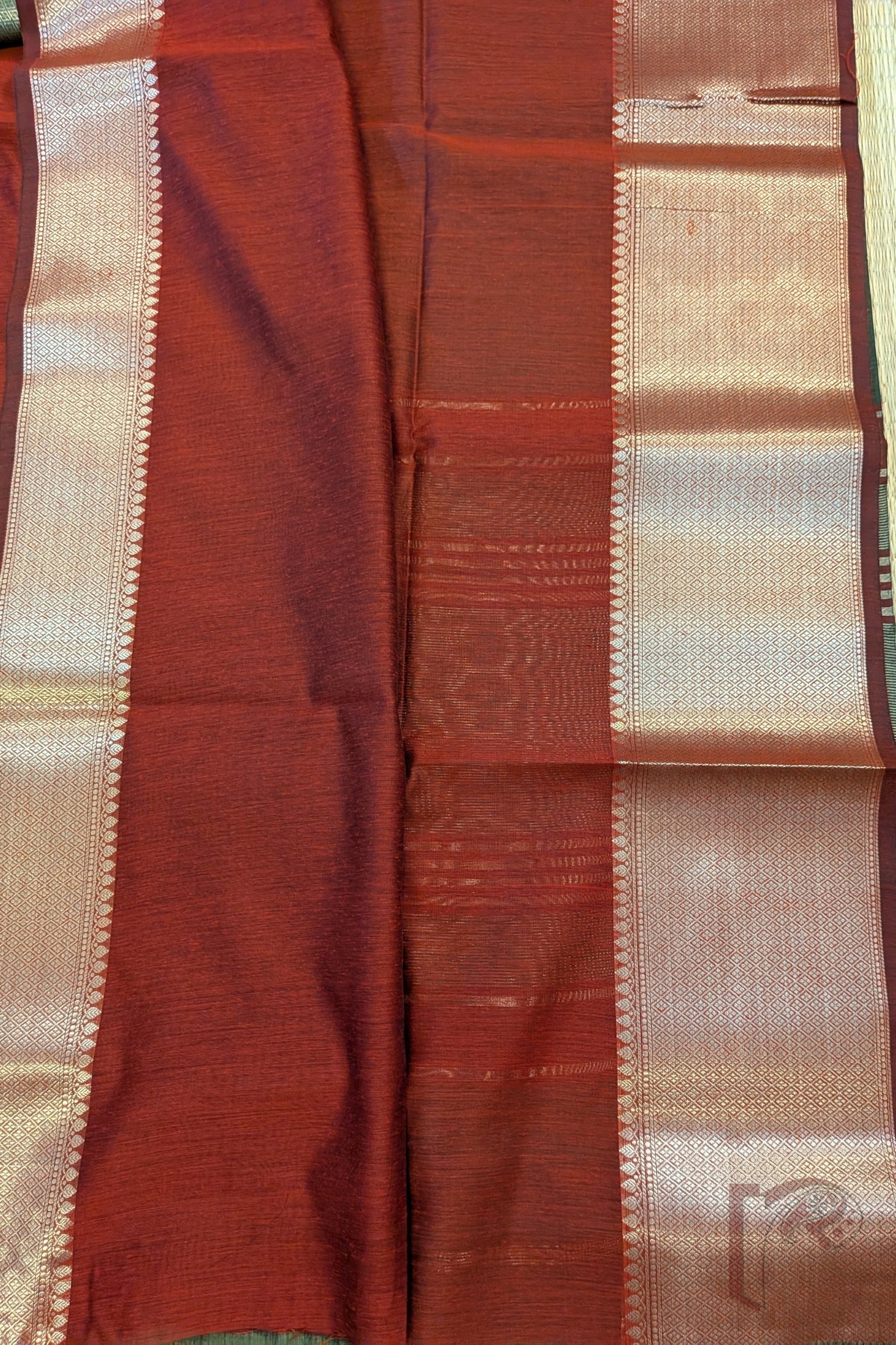 Banarasi Bloom: Olive Green Cotton Silk Saree with Dull Gold Woven Border, Gold-Maroon Stripes and Contrast Maroon Blouse - Image 6