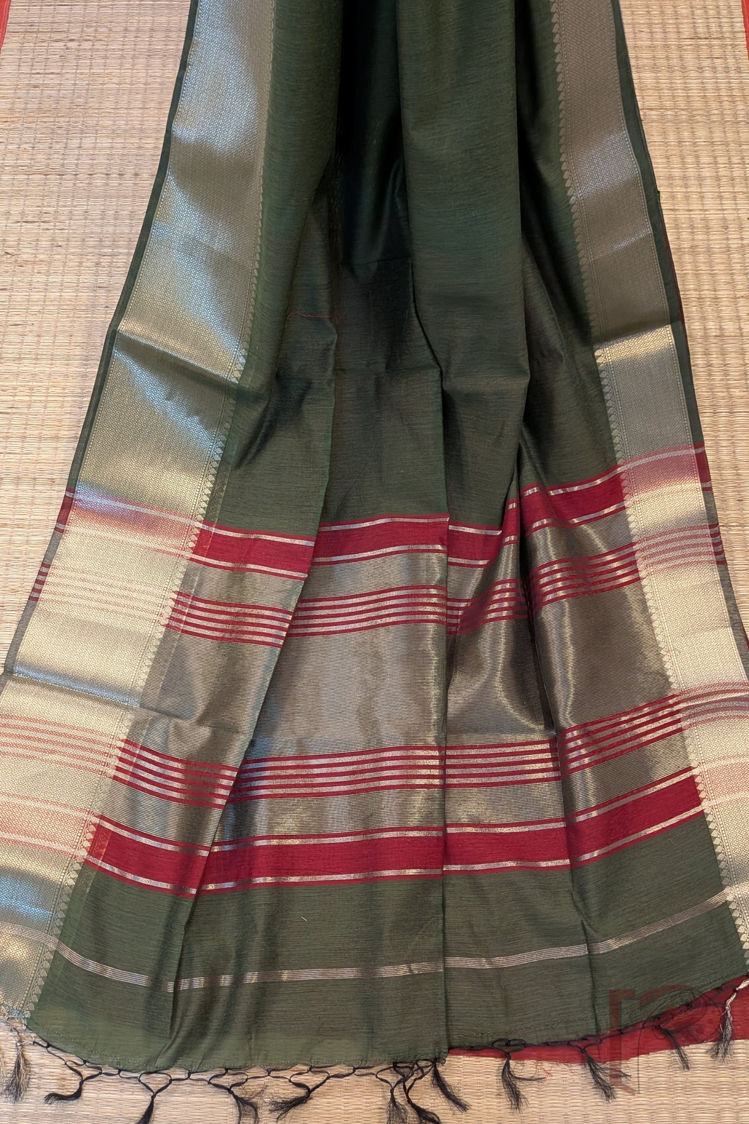 Banarasi Bloom: Olive Green Cotton Silk Saree with Dull Gold Woven Border, Gold-Maroon Stripes and Contrast Maroon Blouse