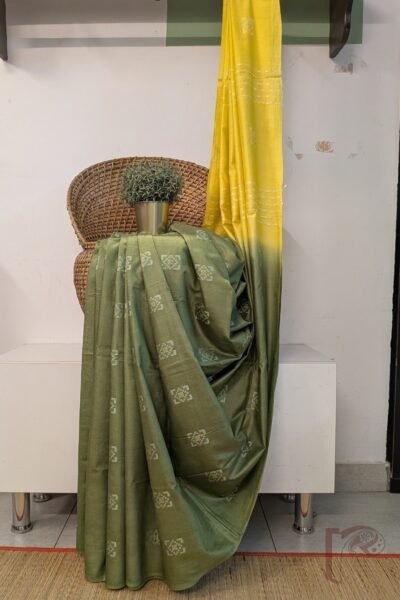 Viscose Vibrance: Mehandi Green and Lemon Yellow Geometrical Embroidery Kota Viscose Saree