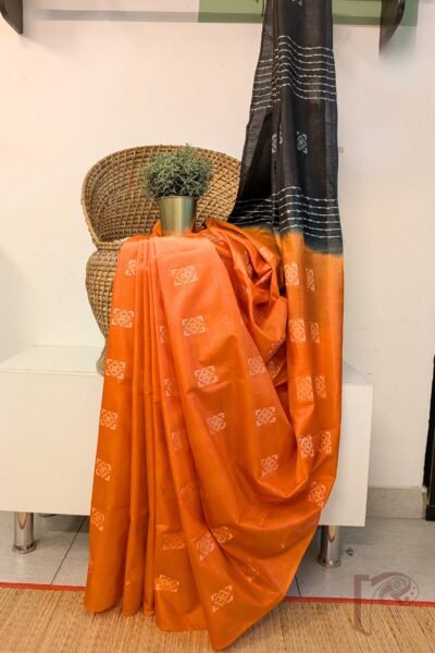 Viscose Vibrance: Bright Orange and Black Geometrical Embroidery Kota Viscose Saree