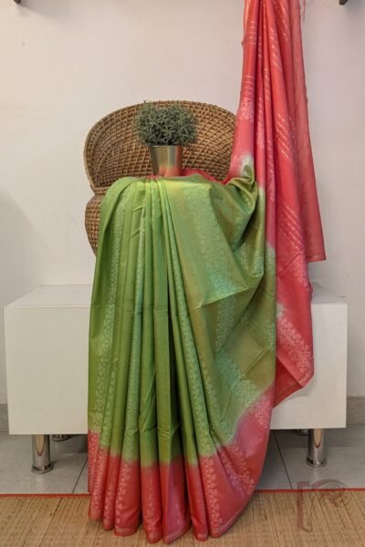 Viscose Vibrance: Light Green and Peach Linear Embroidery Kota Viscose Saree