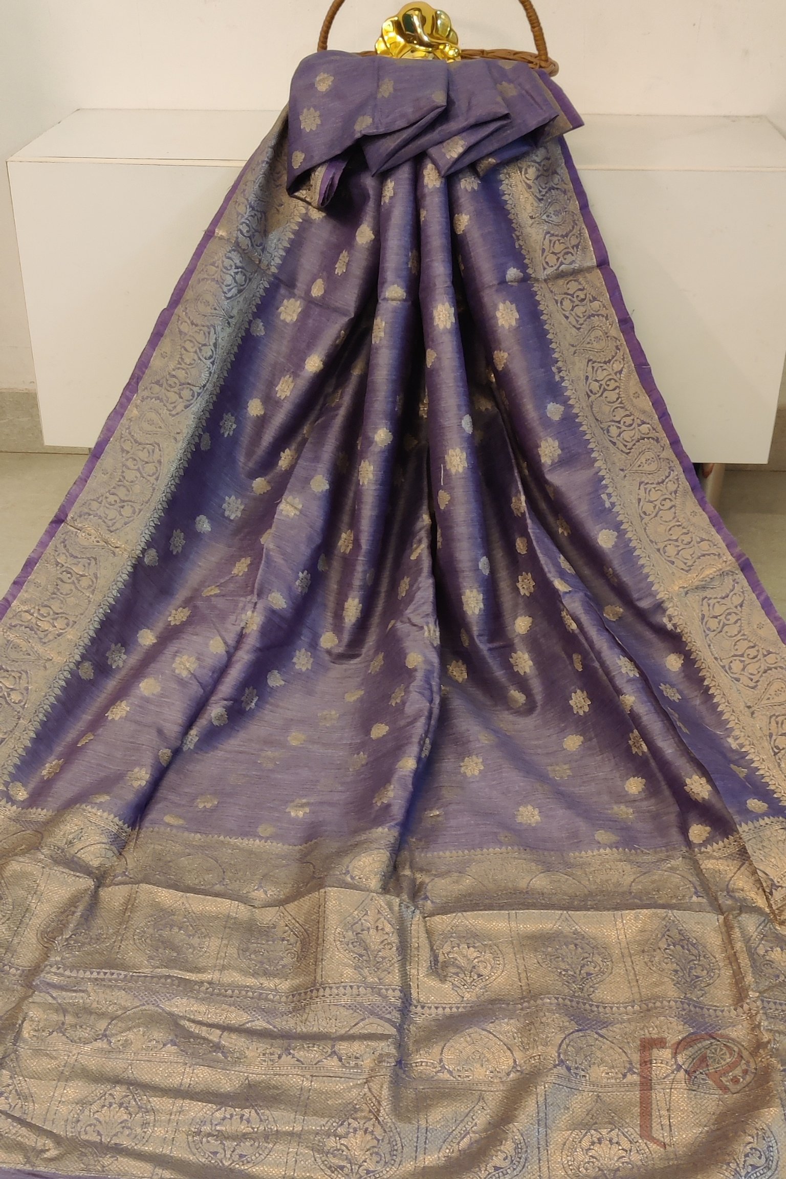 Tussar Tales - Purple Semi Munga Tussar Silk Saree with Golden Jacquard Pallu and Motif Weave