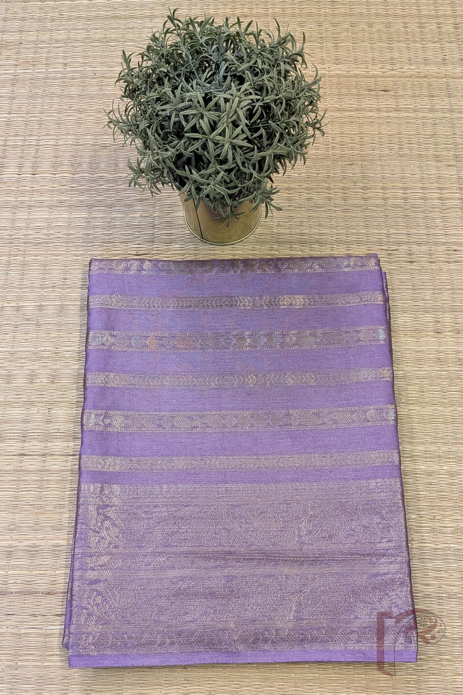 Banarasi Bloom: Light Purple Khadi Silk Saree with Dull Gold Banarasi Weave and Horizontal Zari Stripes - Image 2