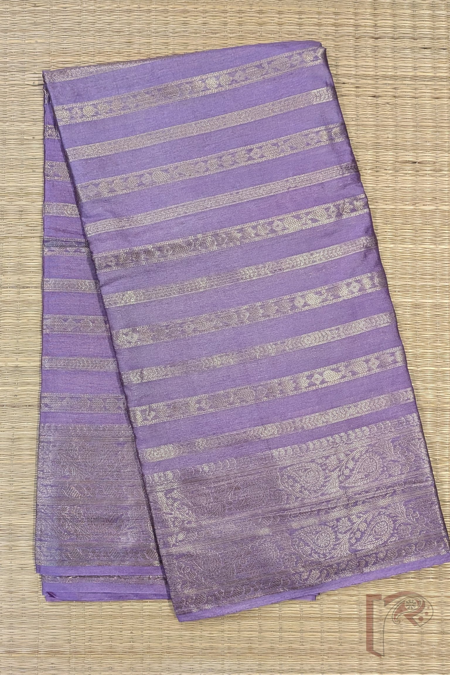 Banarasi Bloom: Light Purple Khadi Silk Saree with Dull Gold Banarasi Weave and Horizontal Zari Stripes - Image 6