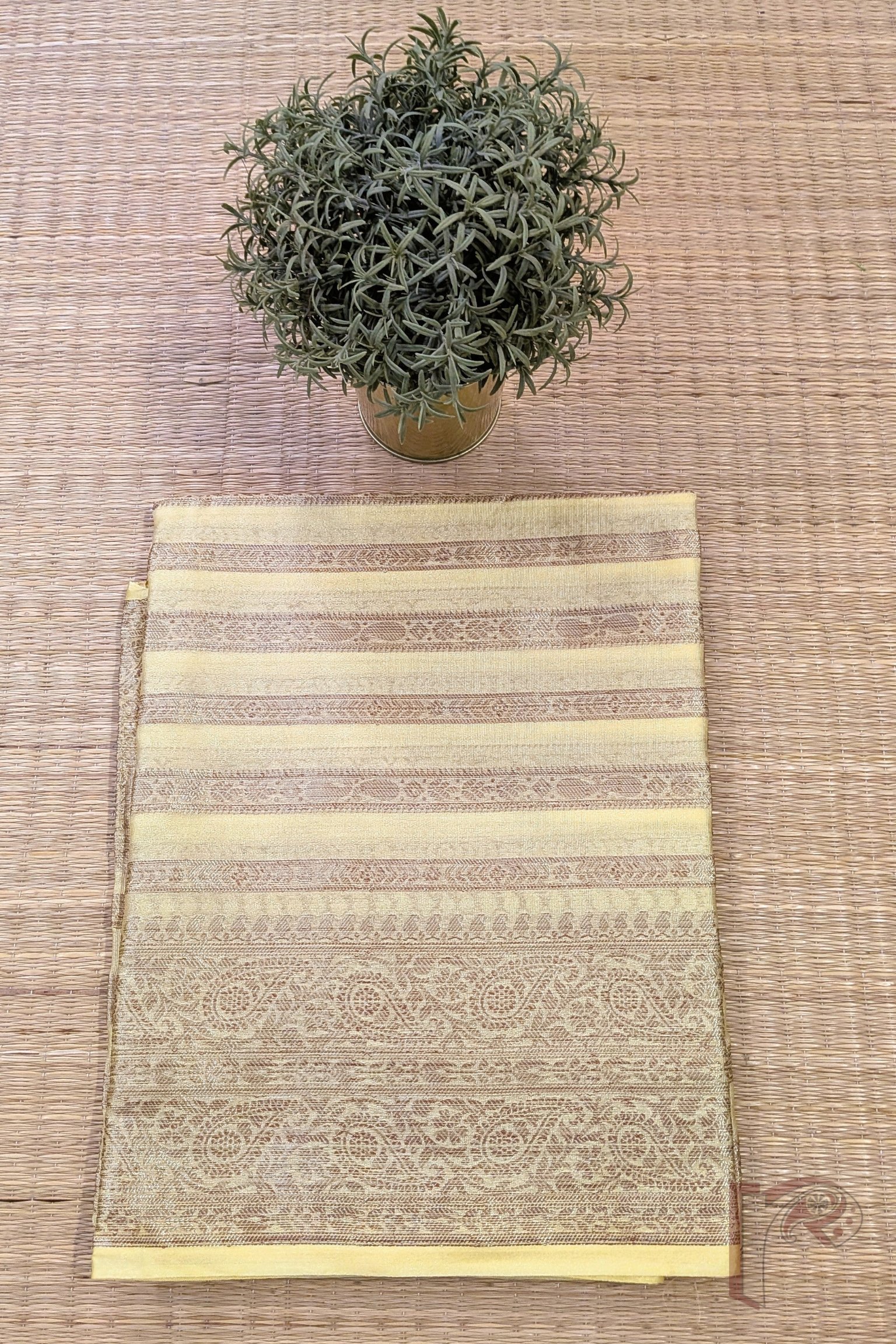 Banarasi Bloom: Light Yellow Khadi Silk Saree with Dull Gold Banarasi Weave and Horizontal Zari Stripe Pattern - Image 2
