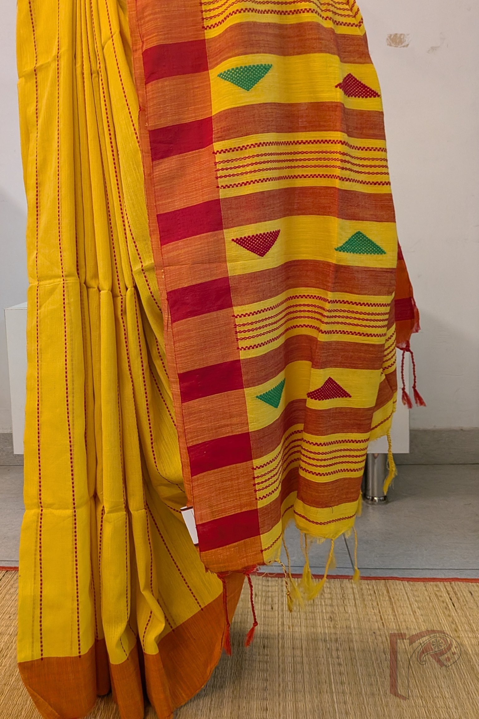 Taant Treasures - Golden Yellow Taant Cotton Handloom Saree with Dull Red–Yellow Shaded Border