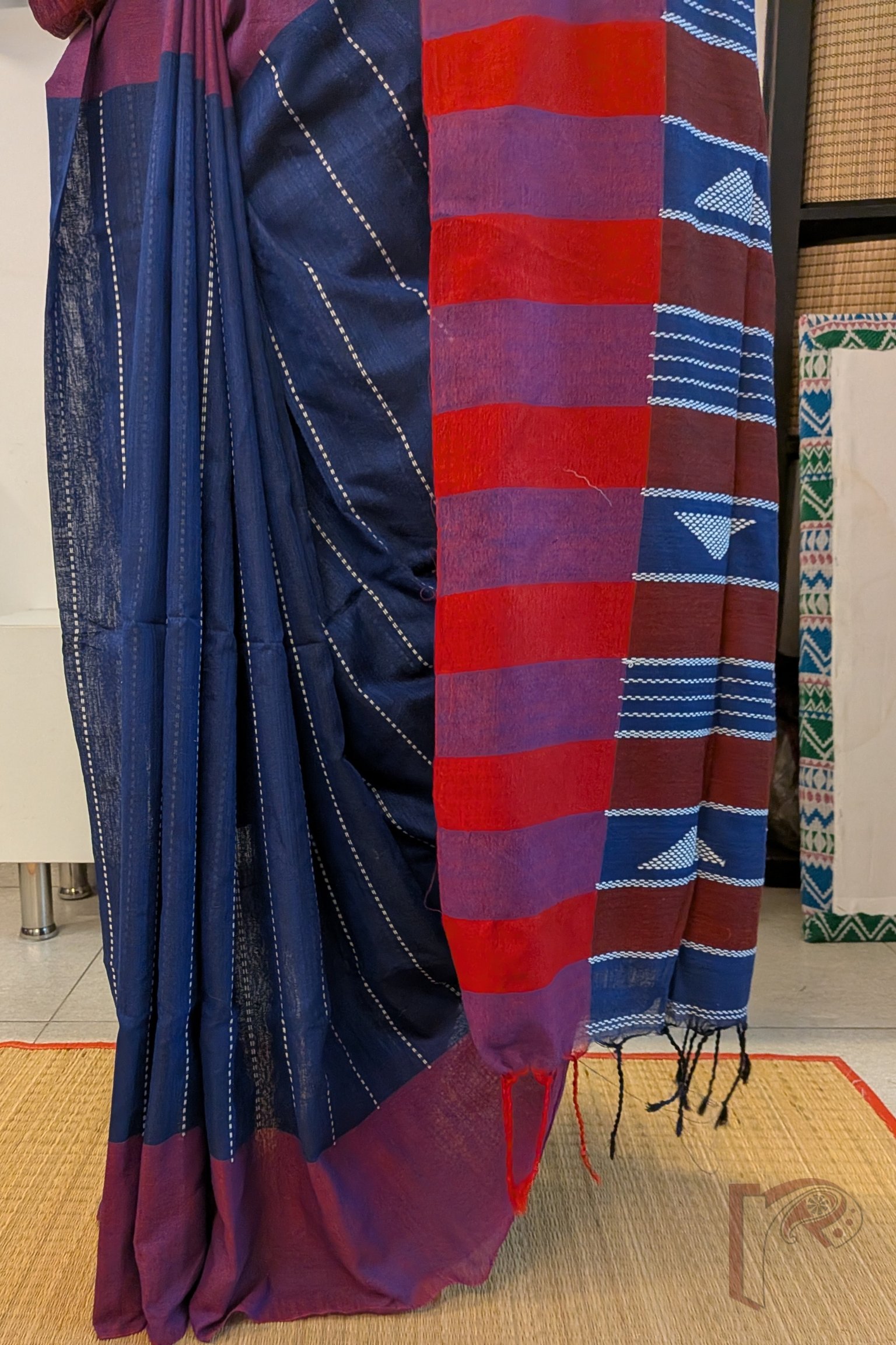 Taant Treasures - Ink Blue Taant Cotton Handloom Saree with Dull Pink Border