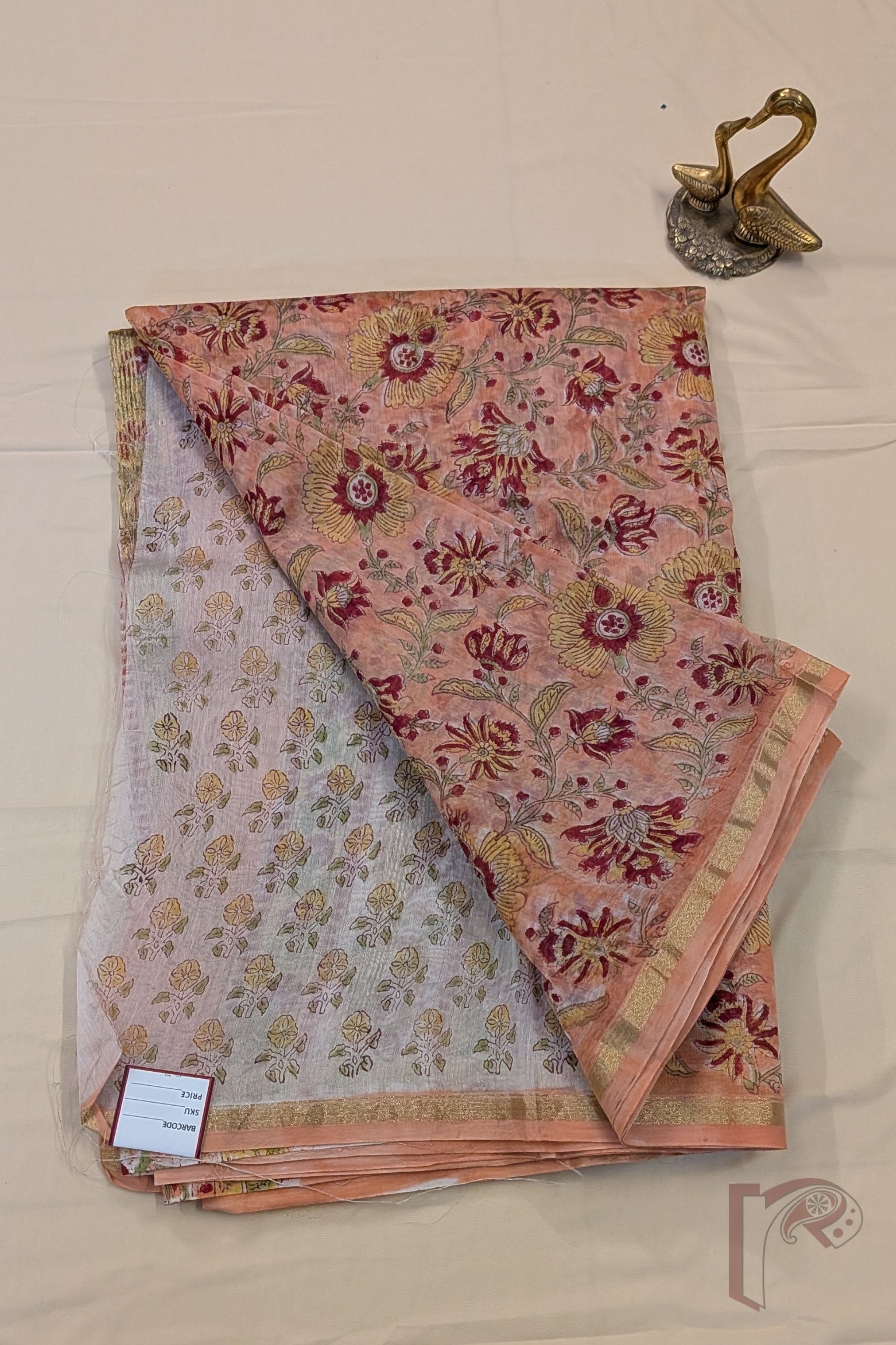 Chanderi Charisma - Light Orange Chanderi Cotton Silk Saree with All-Over Floral Print, White Pallu with Mango Motifs - Image 2